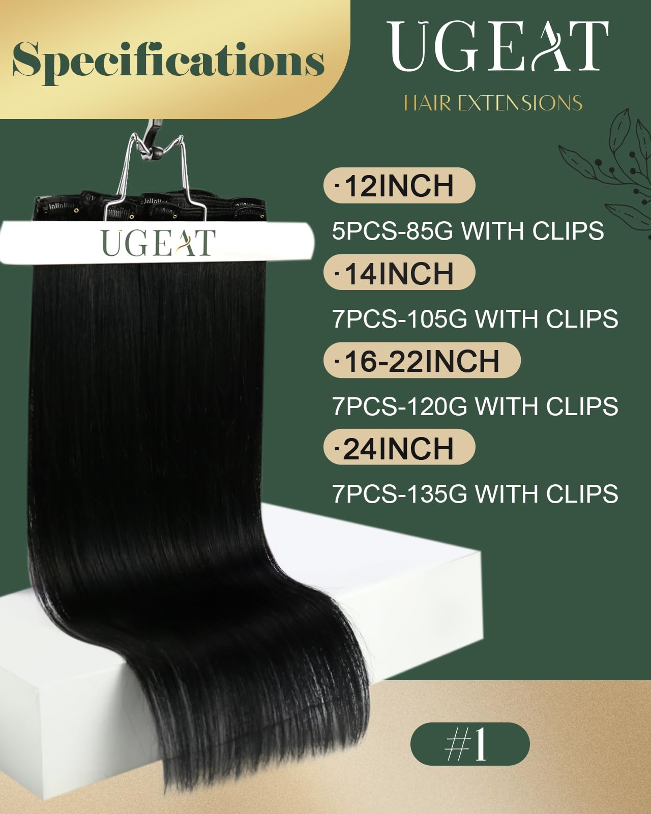 Ugeat 14 Inch Clip In Hair Extensions Real Human Hair #1 Jet Black Double Weft With Lace Human Hair Extensions Clip Ins 8 Pieces