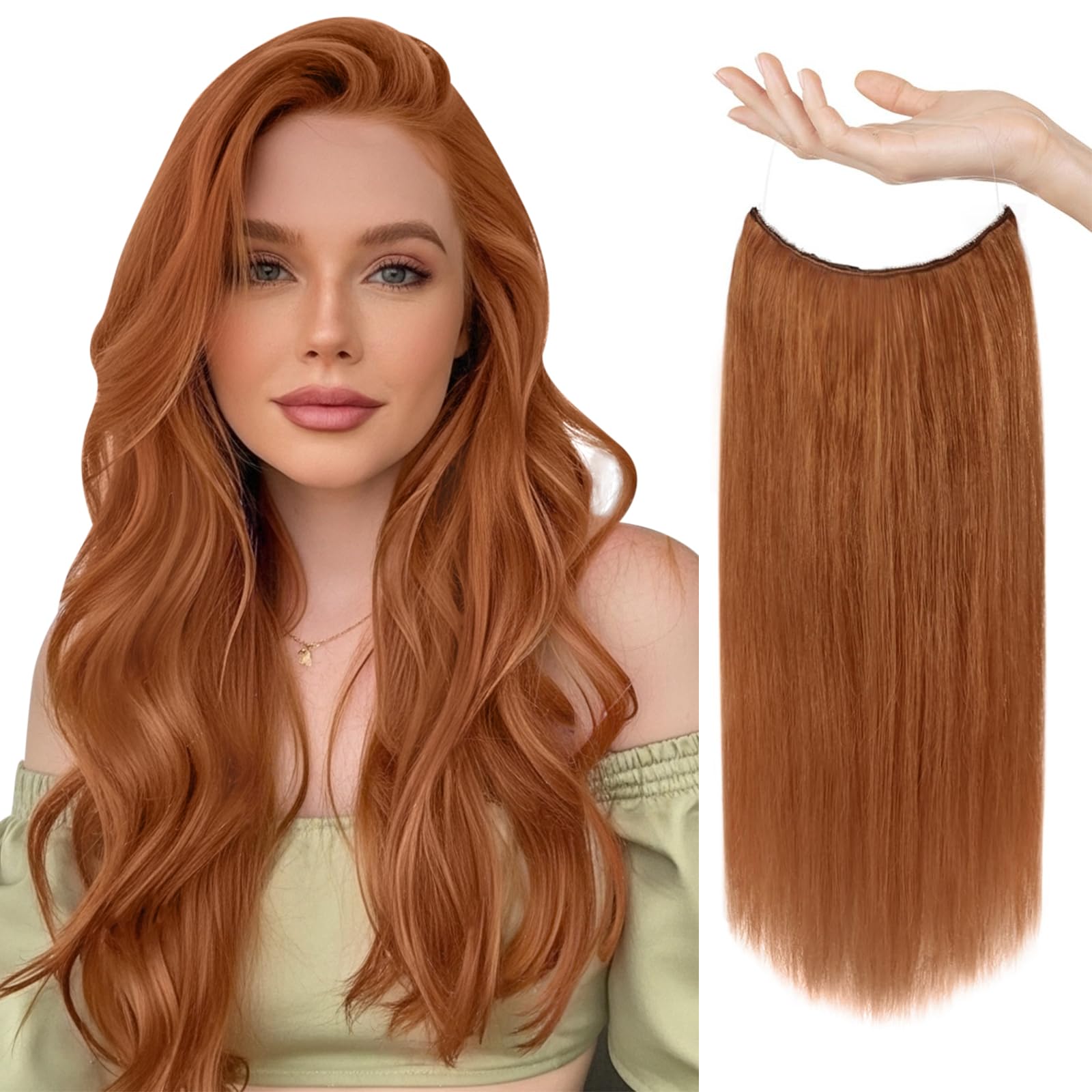 Sunny Wire Hair Extensions Real Human Hair Fish Line Human Hair Extensions Invisible Wire Extensions Copper #350 18 Inch