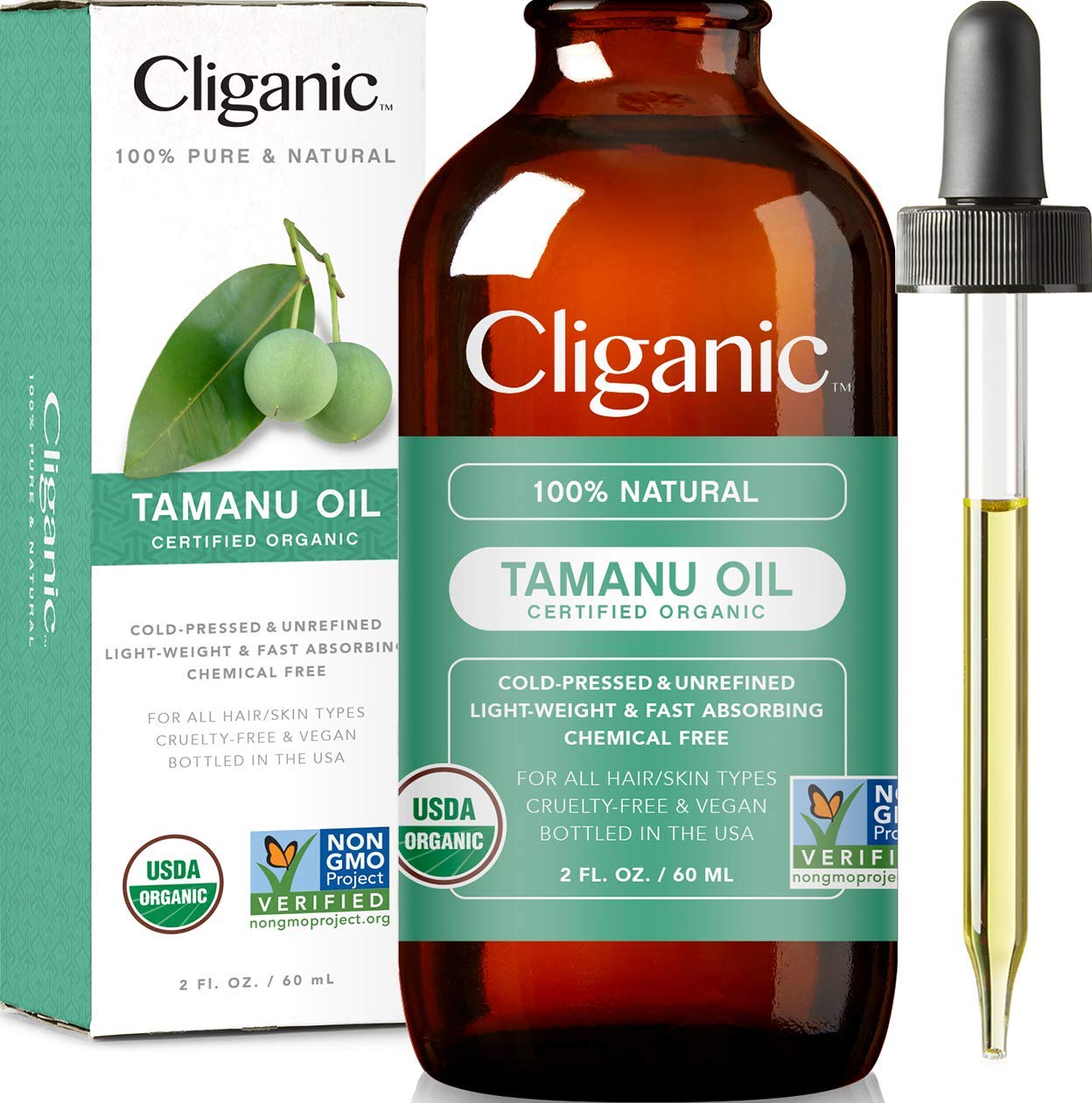 Cliganic Usda Organic Tamanu Oil, 100% Pure - For Face, Hair & Skin  Natural Cold Pressed Unrefined Hexane-Free