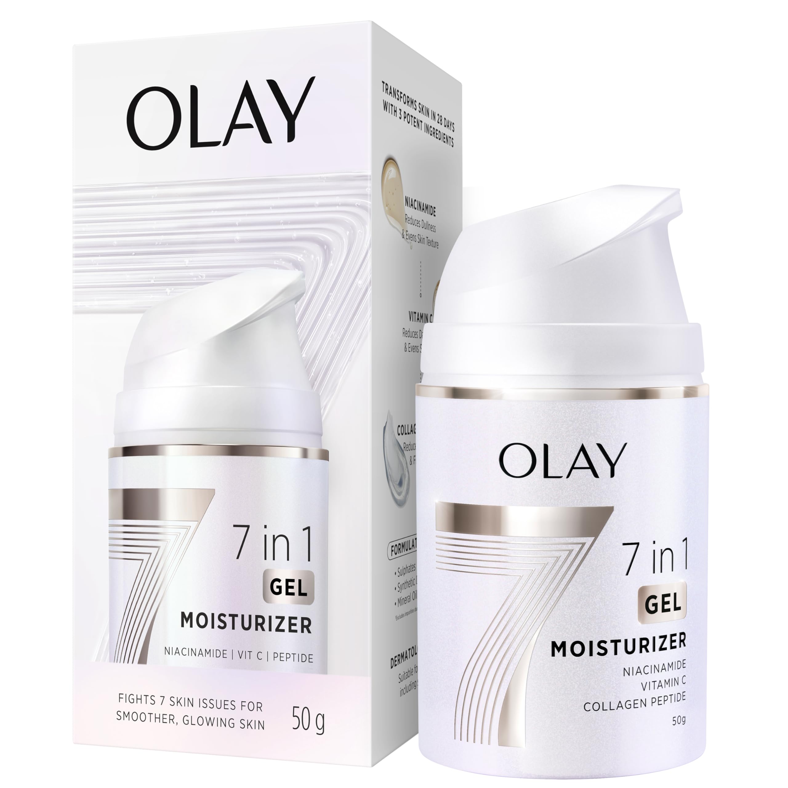 Olay 7In1 Ultra-Light Gel Moisturizer | Niacinamide, Vitamin C, Collagen Peptides | Fights 7 Issues For Smooth & Glowing Skin | 