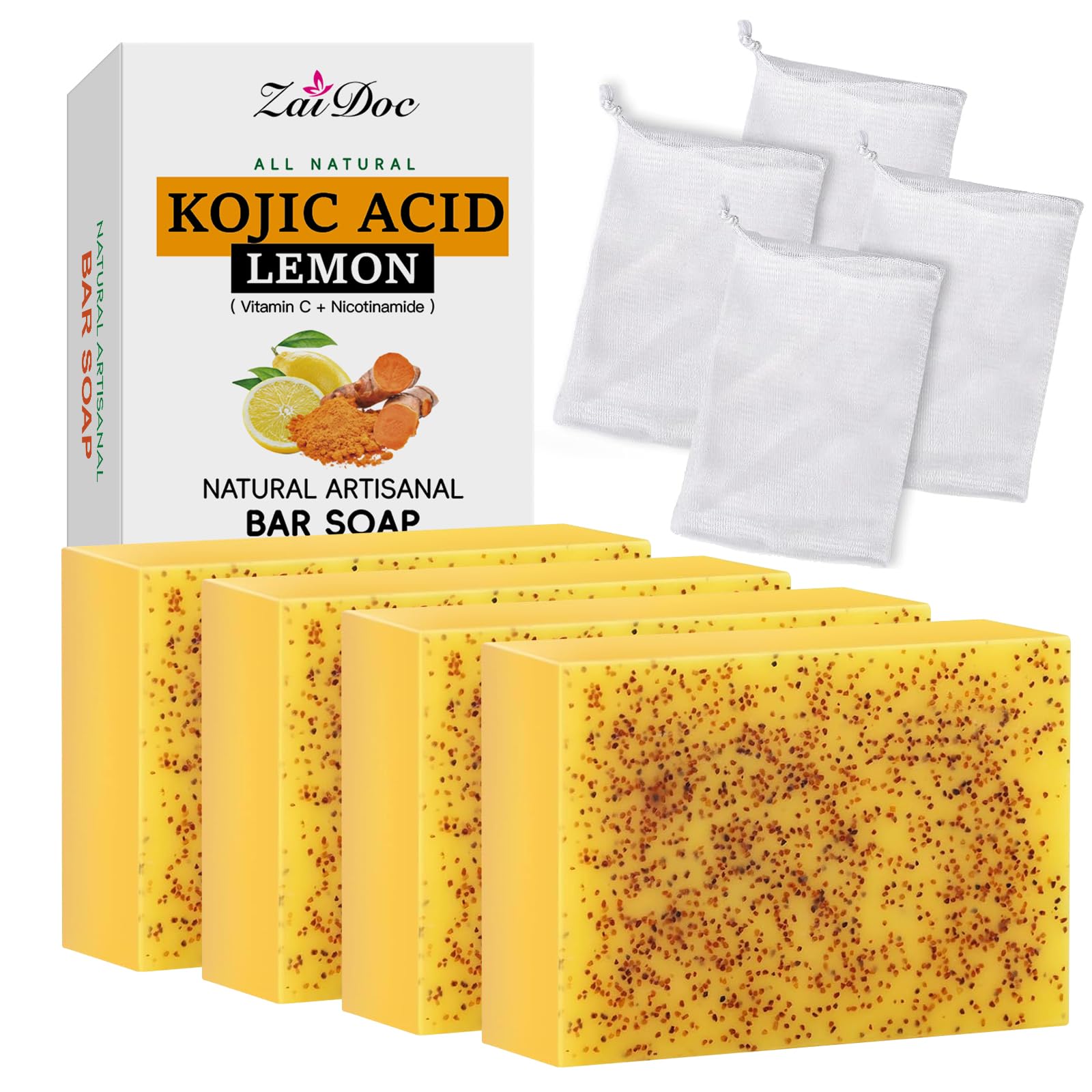 ZAIDOC 4 Packs Turmeric Soap with Vitamin C, Natural Skin, Even Tone, Lemon Soap for Face and Body, 3.52oz*4