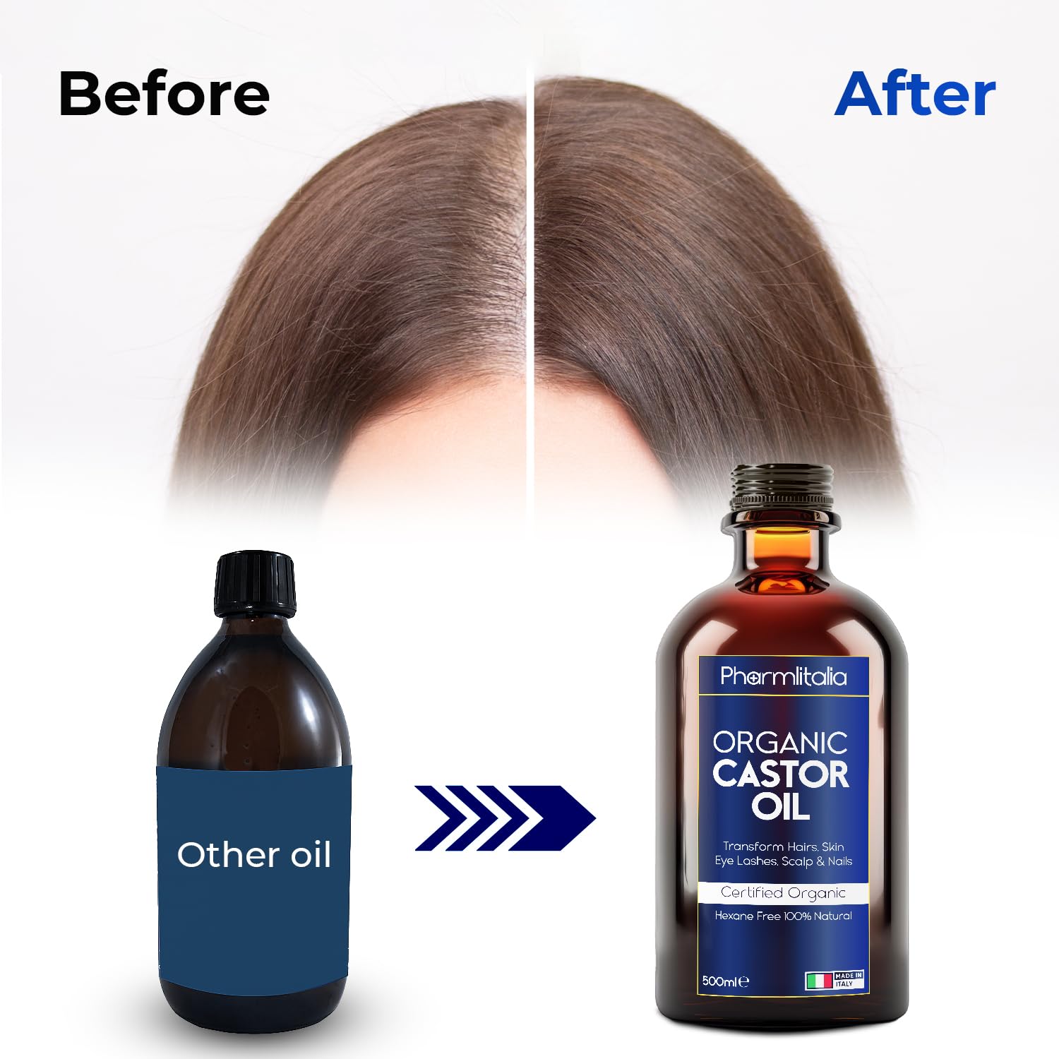 Pharmlitalia Pure Castor Oil Organic Cold Pressed Unrefined Glass Bottle - Hexane Free Golden Castor Oil For Face, Hairs, Eyelas