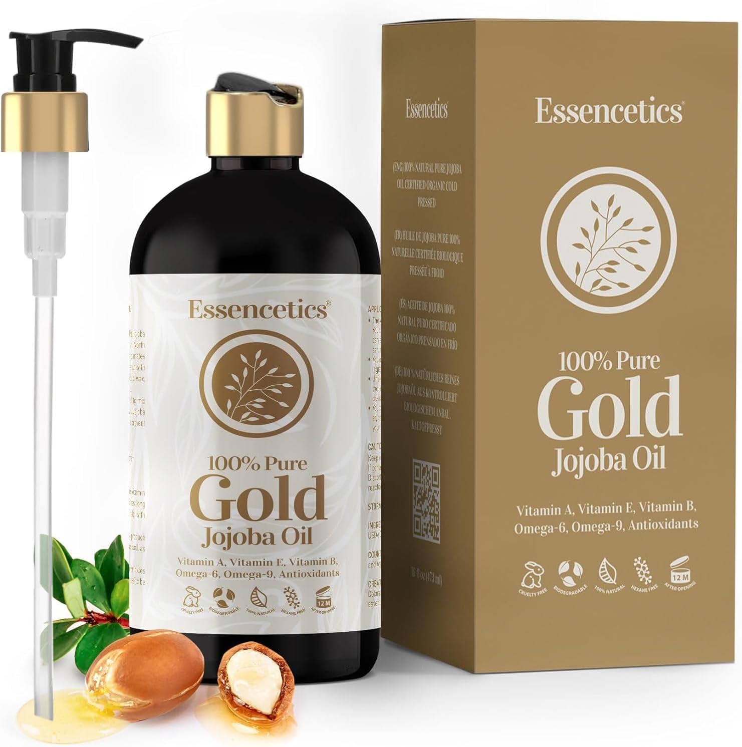 Essencetics Organic Jojoba Oil 16 oz - 100% Pure & Natural Jojoba Massage Oil for Hair, Skin, Body, & Face - Natural Cold Presse