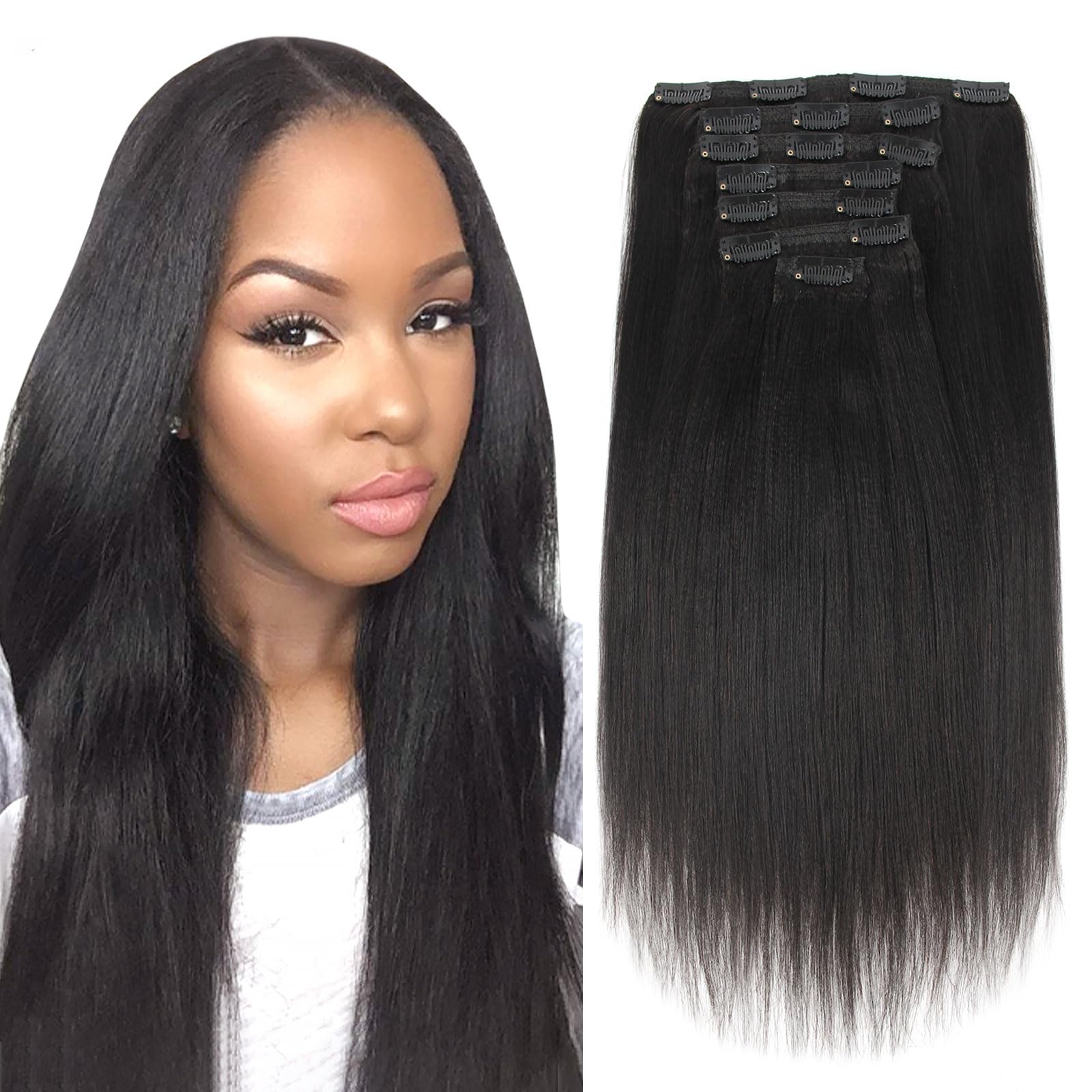 ABH AMAZINGBEAUTY HAIR Yaki Straight Human Hair Extension Clip in Remy Hair Extensions Yaki Clip ins for Black Women Brazilian C