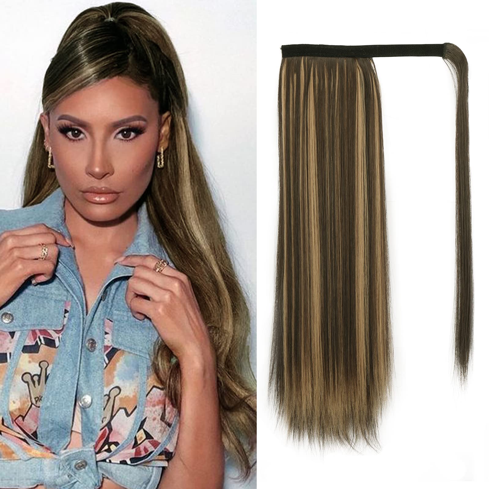 BARSDAR 18 Inch Ponytail Extension Long Straight Wrap Around Clip in Synthetic Fiber Hair for Women -Dark Brown mix Strawberry B