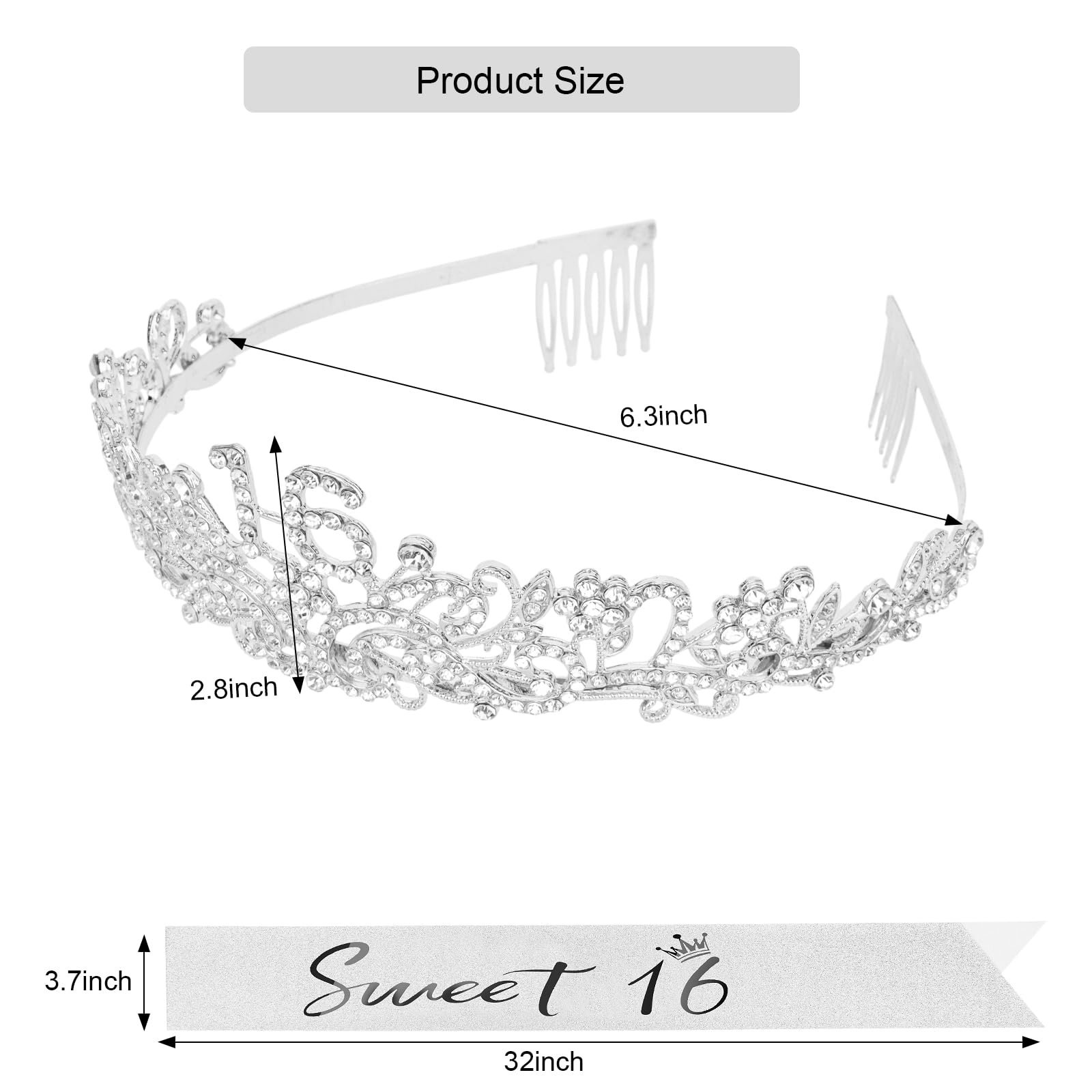 CIEHER Sweet 16 Crown + Sweet 16 Sash + Pearl Pin Set, Sweet 16 Birthday Decorations for Girls, Sweet Sixteen Gifts, 16th Birthd