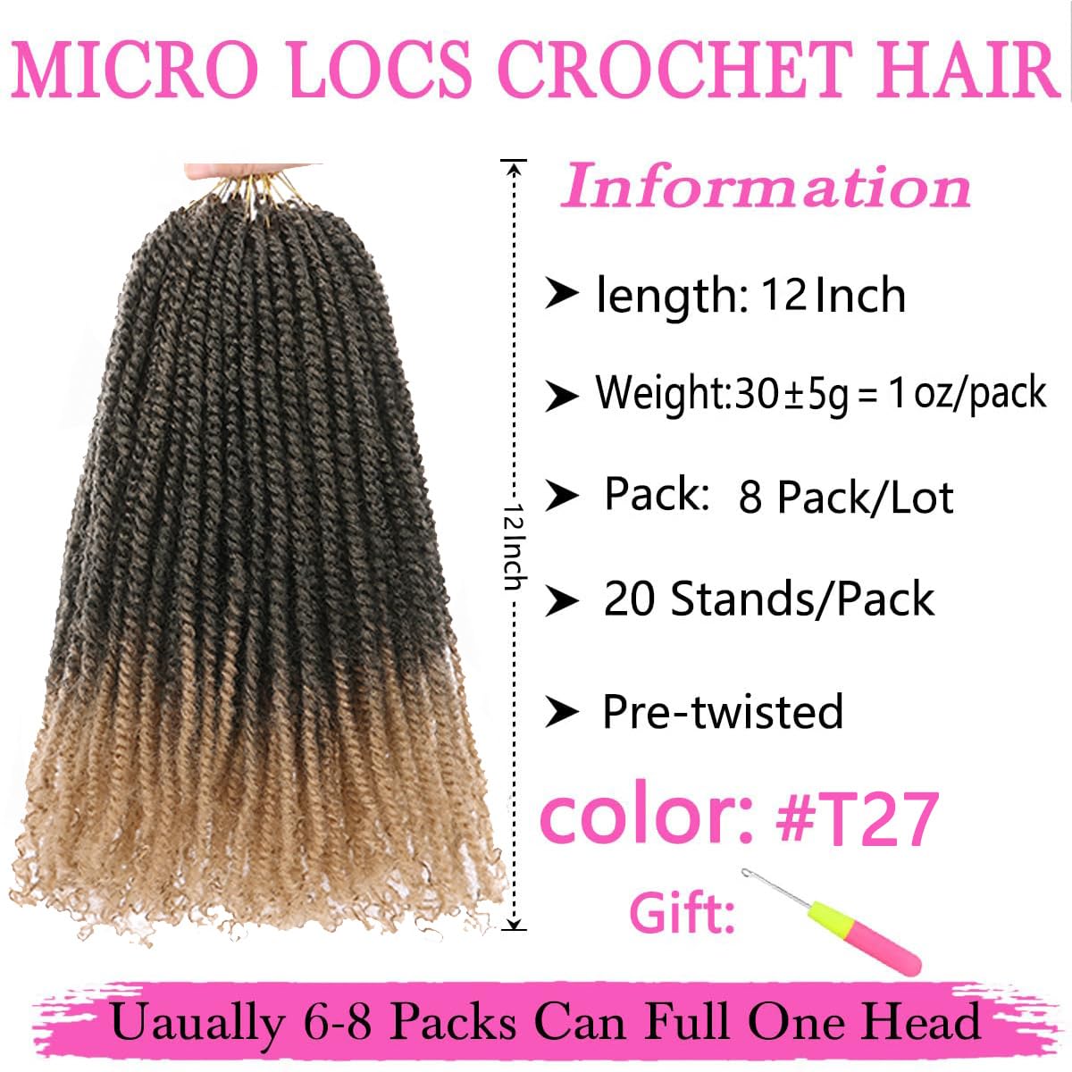 Cookoo 12 Inch Ombre Blonde Micro Twist Crochet Hair 9 Packs Pre-Twisted Mini Passion Twist Crochet Hair Pre-Looped Senegalese T