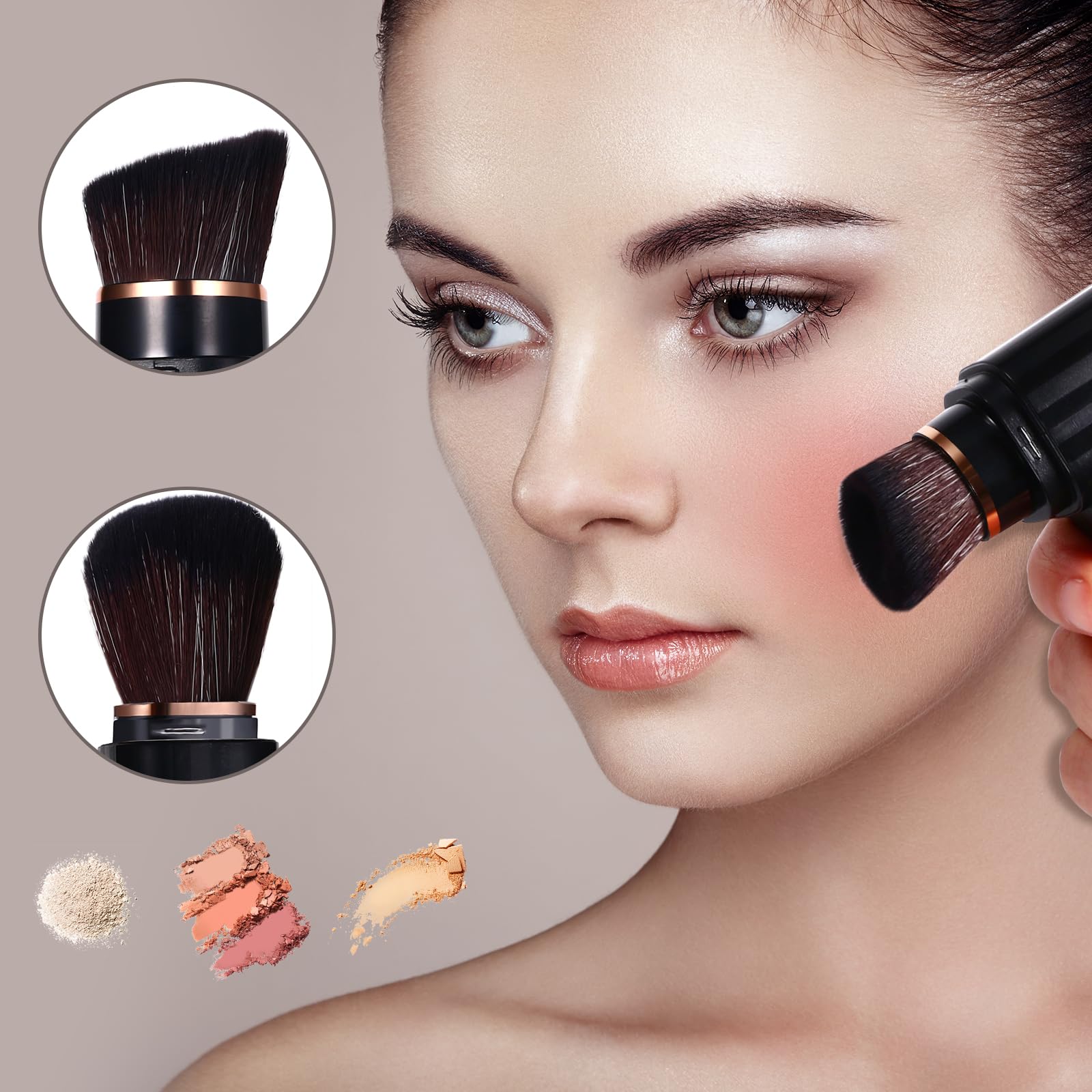 Vtrem Retractable Travel Makeup Brush: Black Kabuki Double-Ended Foundation Blush Brushes Mini Compact Face Brush With Cover Hig