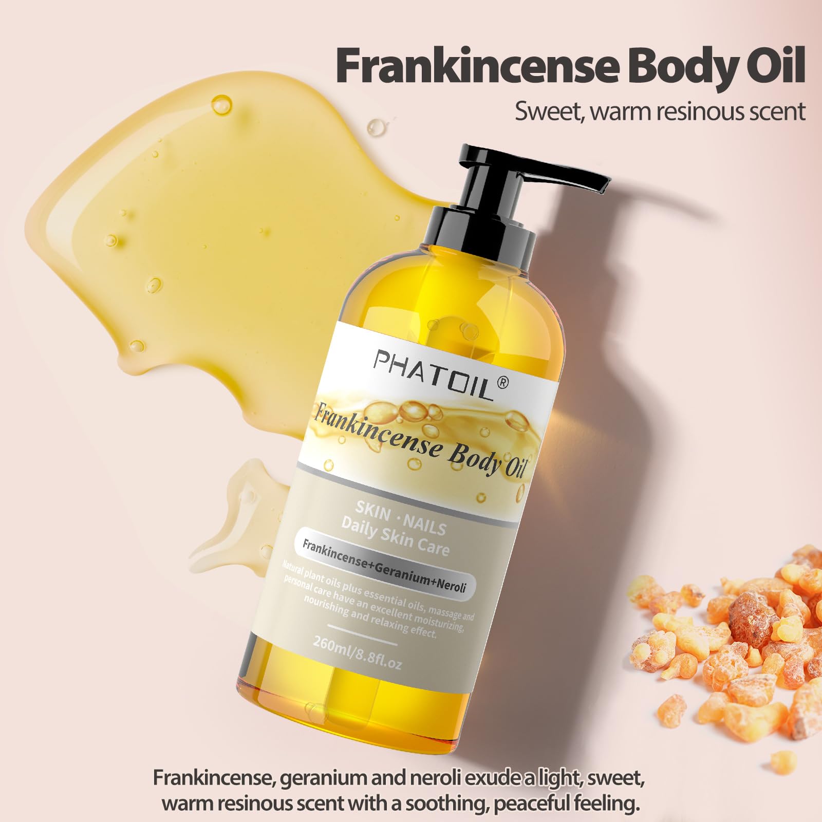 Phatoil Frankincense Body Oil 8.8 Fl.Oz, 260 Ml Moisturizing Massage Oil Skin Oil With Pump, Body Oils For Men And Women Skincar