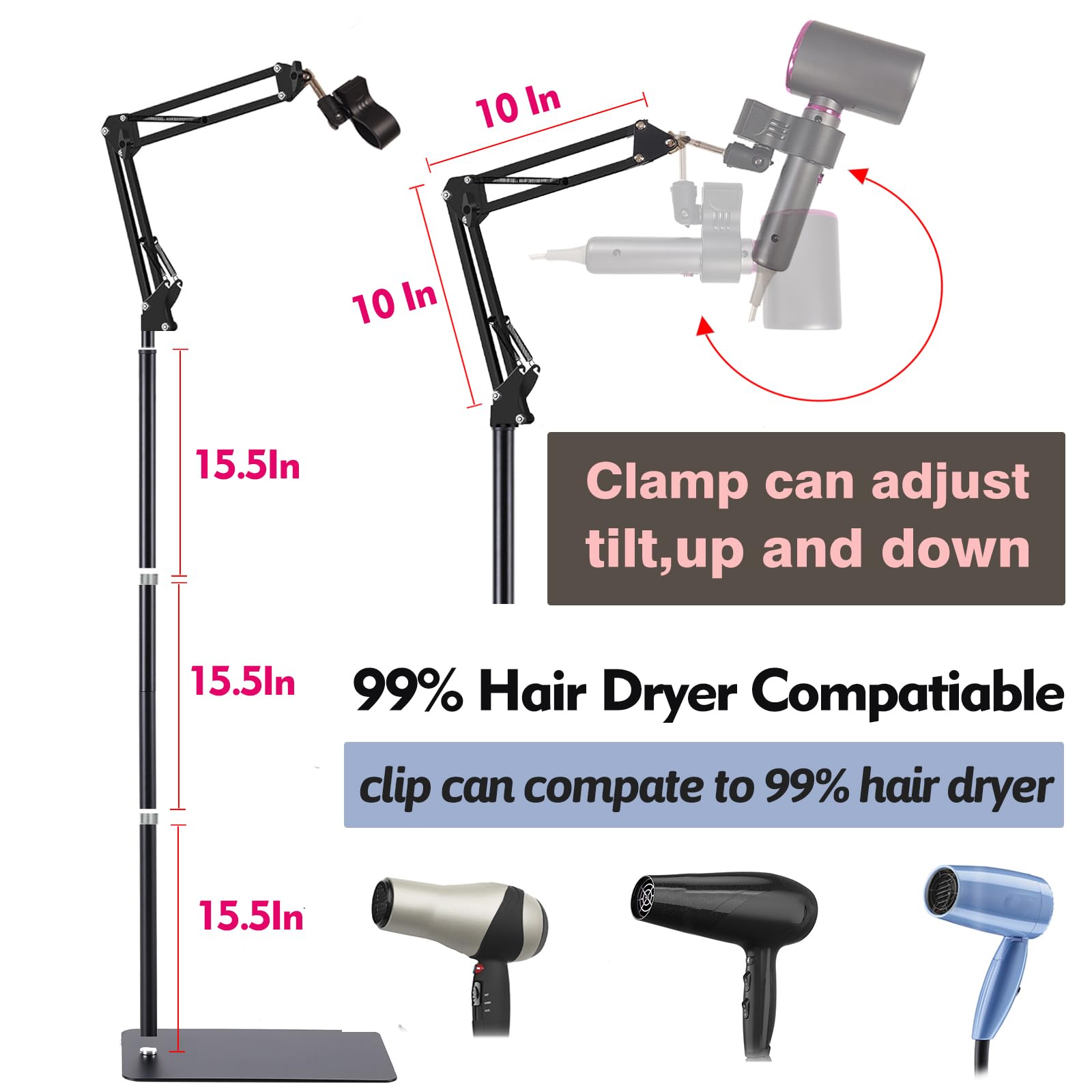 Femeoum Hair Dryer Stand Holder, 360° Adjustable, Hands-Free Clip, Metal, Black, Suitable for 99% Hair Dryers, Model 1