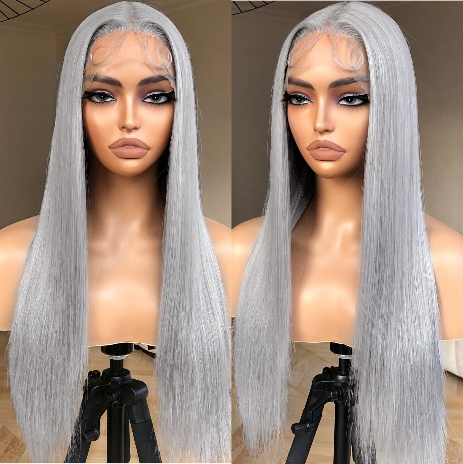 Brownbomb Grey Wig Long Silver Lace Front Wig Pre Plucked Small Knots Ready To Wear, Silver Gray Synthetic Hair Wigs For Women 2