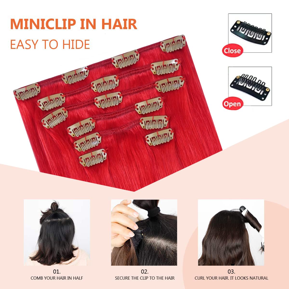 Ugotrays Red Hair Extensions Real Human, Hair Clip In Hair Extensions 70G 7Pcs 18 Inch,Soft & Natural Straight Double Weft Remy
