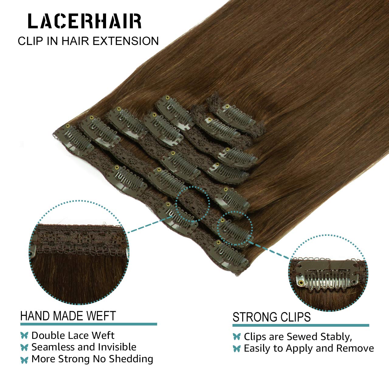 Lacer Hair Extensions Clip In Real Human Hair Extensions 140g 7 Pieces Silky Straight Weft Remy Human Hair Clip in Hair Extensio