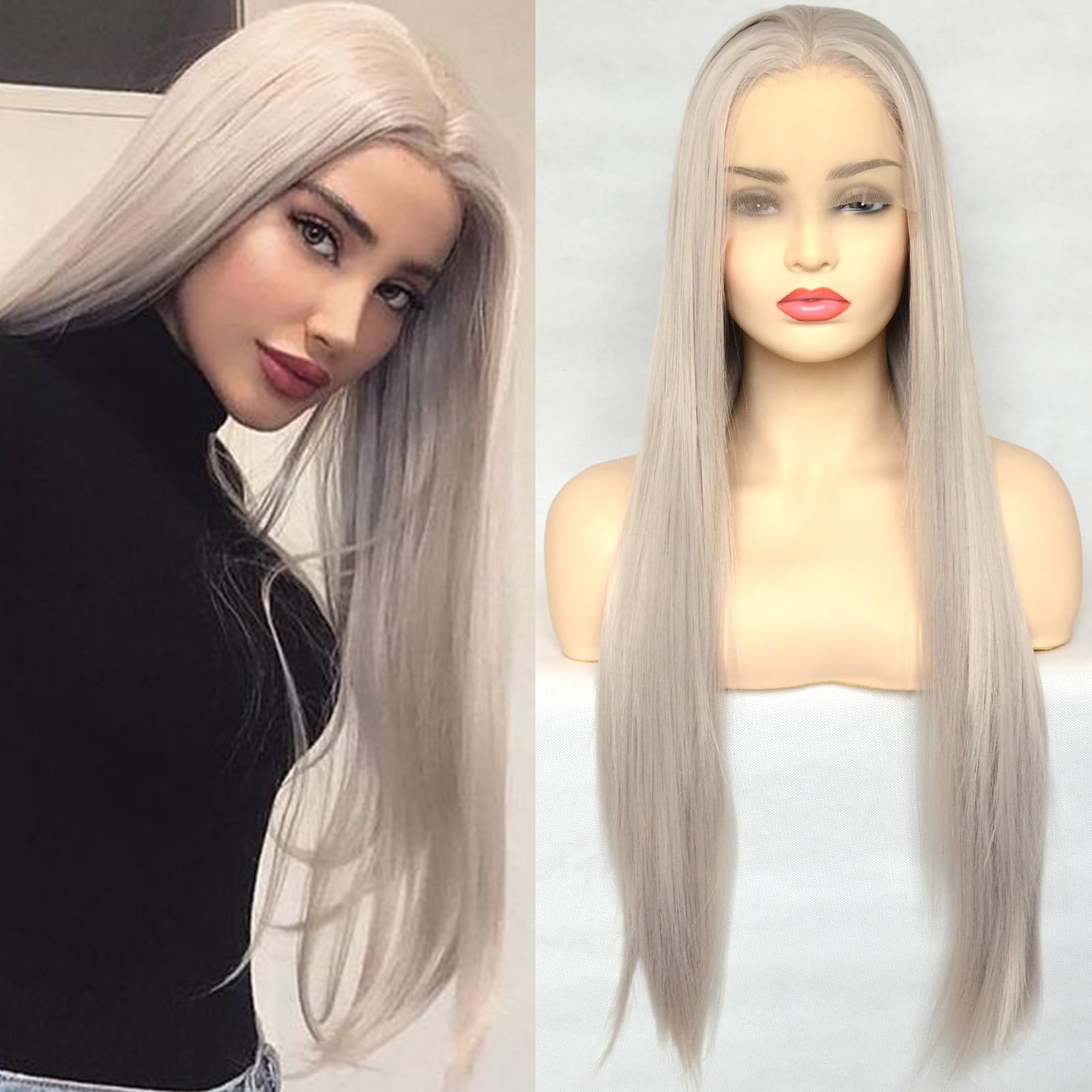 BLUPLE Silver Blonde Straight Lace Front Wigs Trendy Long Half Hand Tied Wig for Women Heat Resistant Synthetic Hair 22 Inches