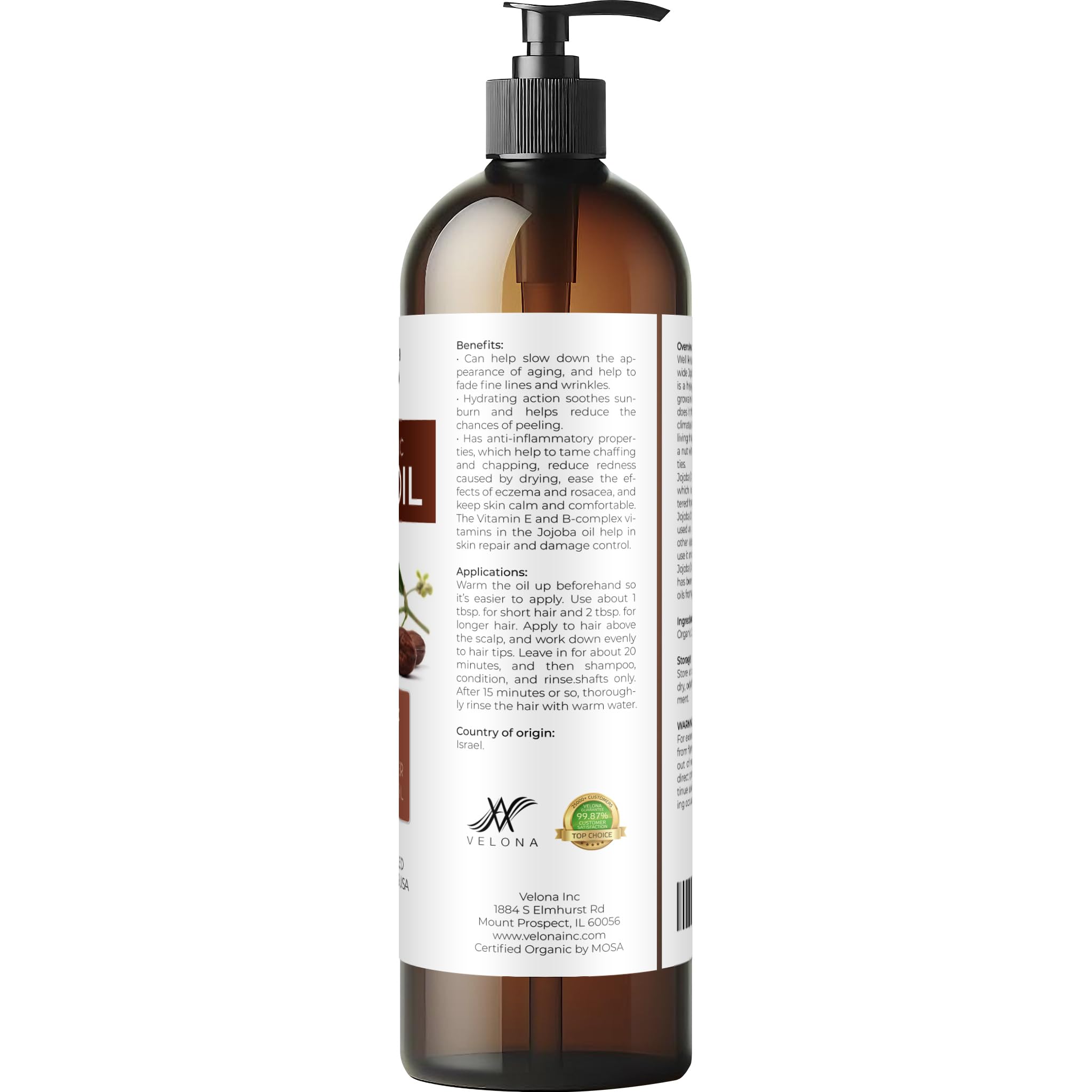 Velona Organic Jojoba Oil 8 Oz - 100% Pure, Unrefined Cold Pressed For Face, Hair, Body, Acne Prone Skin Care, Stretch Marks & C