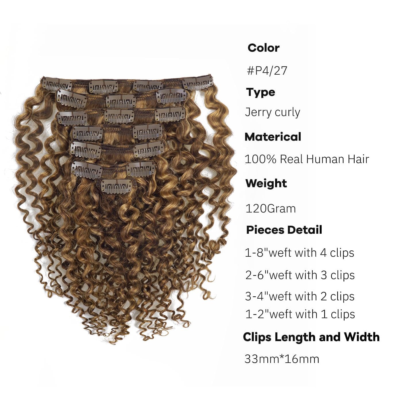 Loxxy Clip In Human Hair Extensions #P4/27 16Inch Afro Jerry Curly 3B And 3C Real Hair Clip In Extensions 8A Grade Double Weft 7