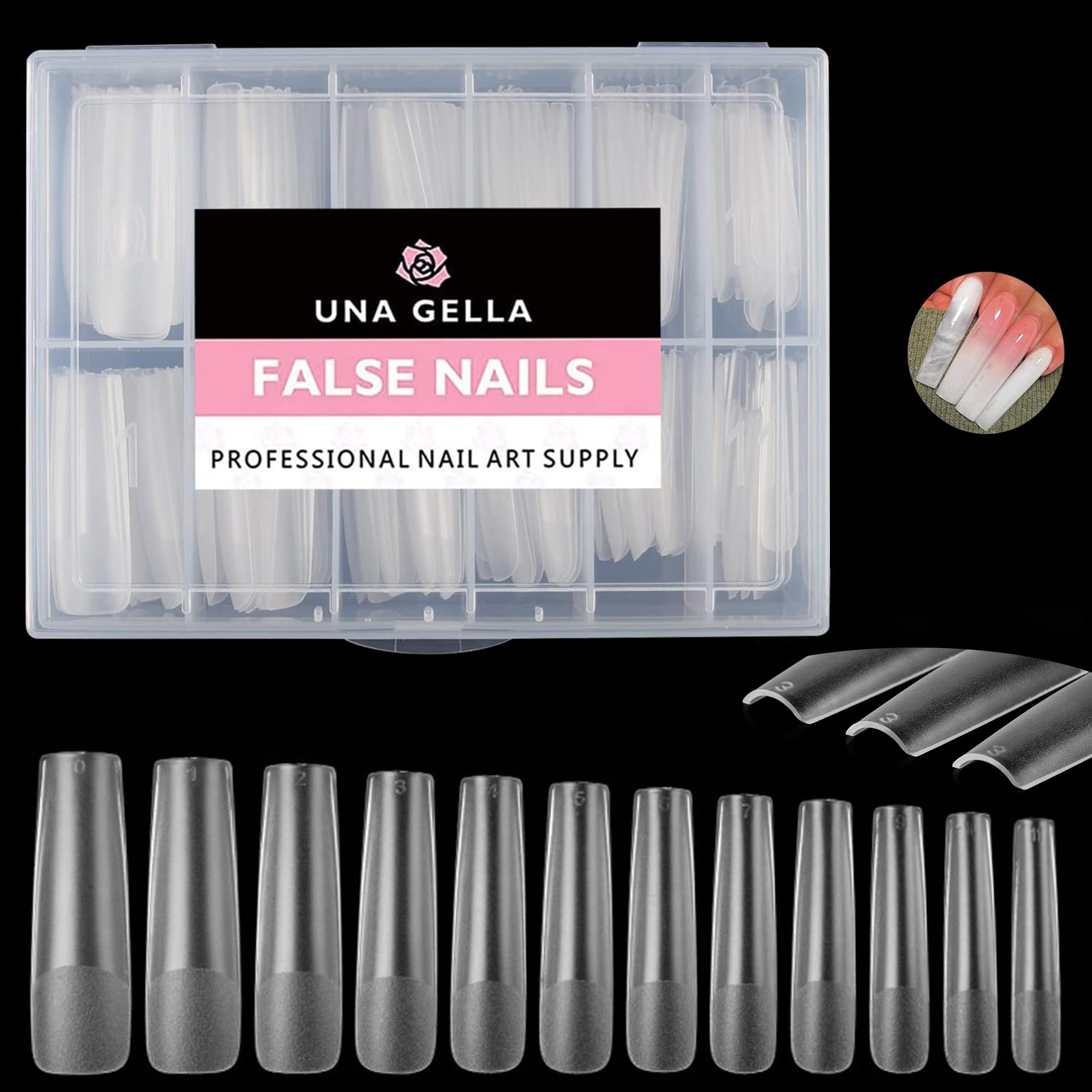 UNA GELLA XXL Square False Nails, 216pcs, No C Curve, Straight, Extra Long, Clear, Press On Nails Tips for Gel Nail Extensions, 