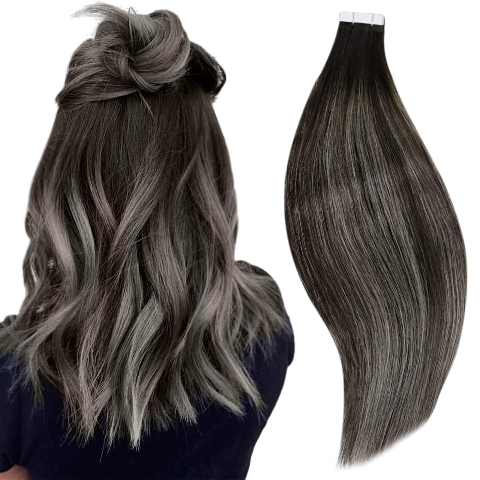 Runature 20 Inch Invisible Tape In Hair Extensions Human Hair Ombre Black To Silver Straight Human Hair Tape In Extensions Doubl