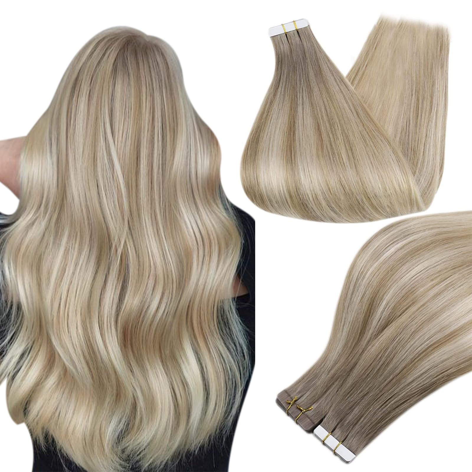 Full Shine Blonde Tape In Hair Extensions Human Hair 14Inch Double Sided Tape Color 19/8/60 Grey Fading To Ash Brown And Blonde