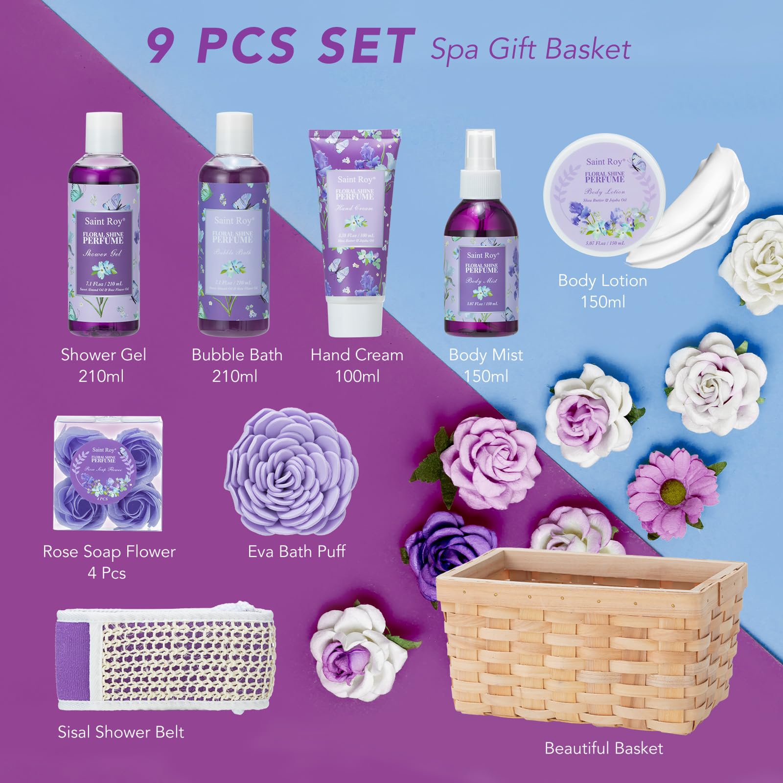 Gift Basket For Women, Luxury 11Pcs Floral Perfume Scents Bath And Body Home Spa Gift Kit With Bubble Bath, Body Lotion, Relaxin