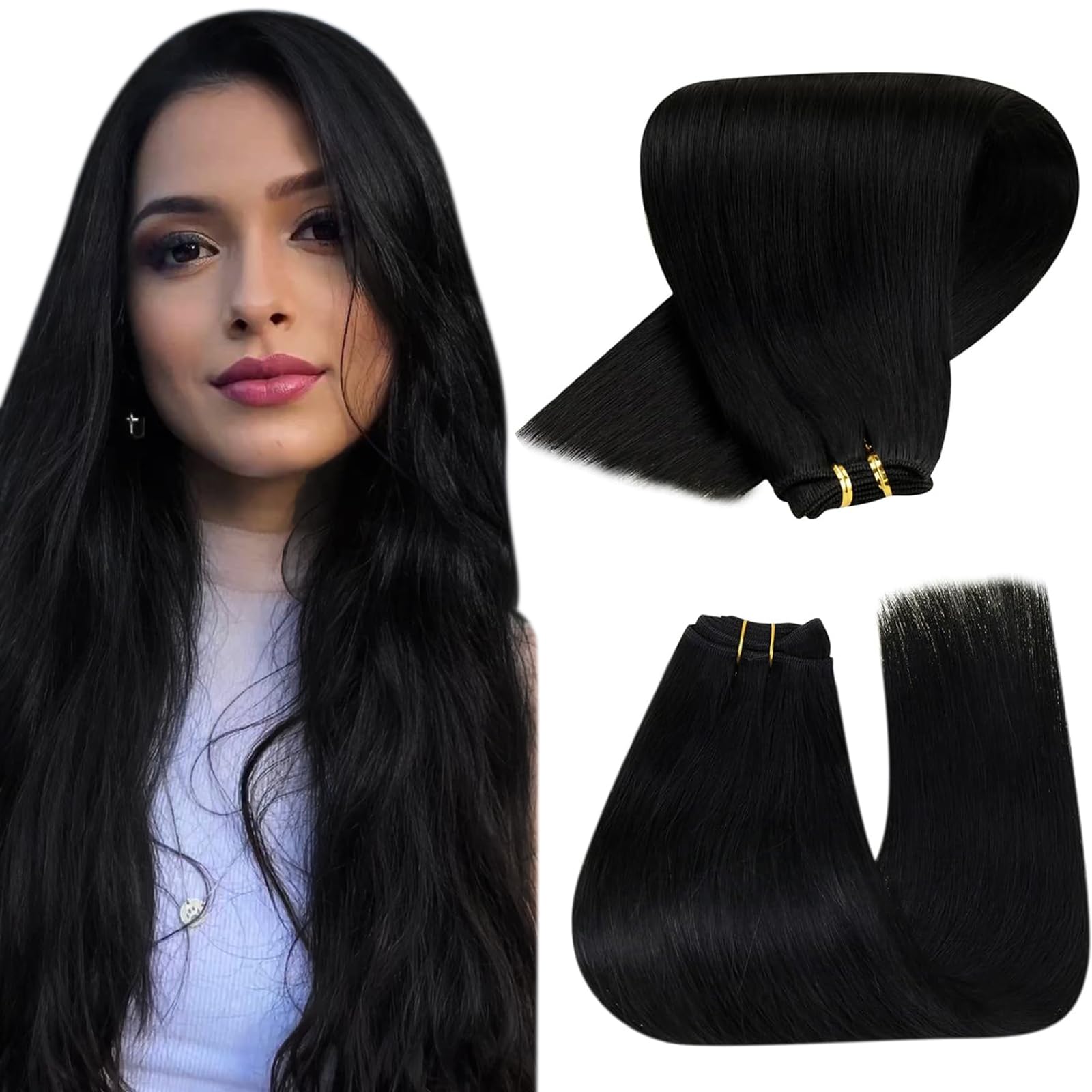 Hetto Black Weft Hair Extensions Human Hair Weft Extensions Remy Human Hair 14 Inch 80g #1 Jet Black Sew in Weft Human Hair Exte