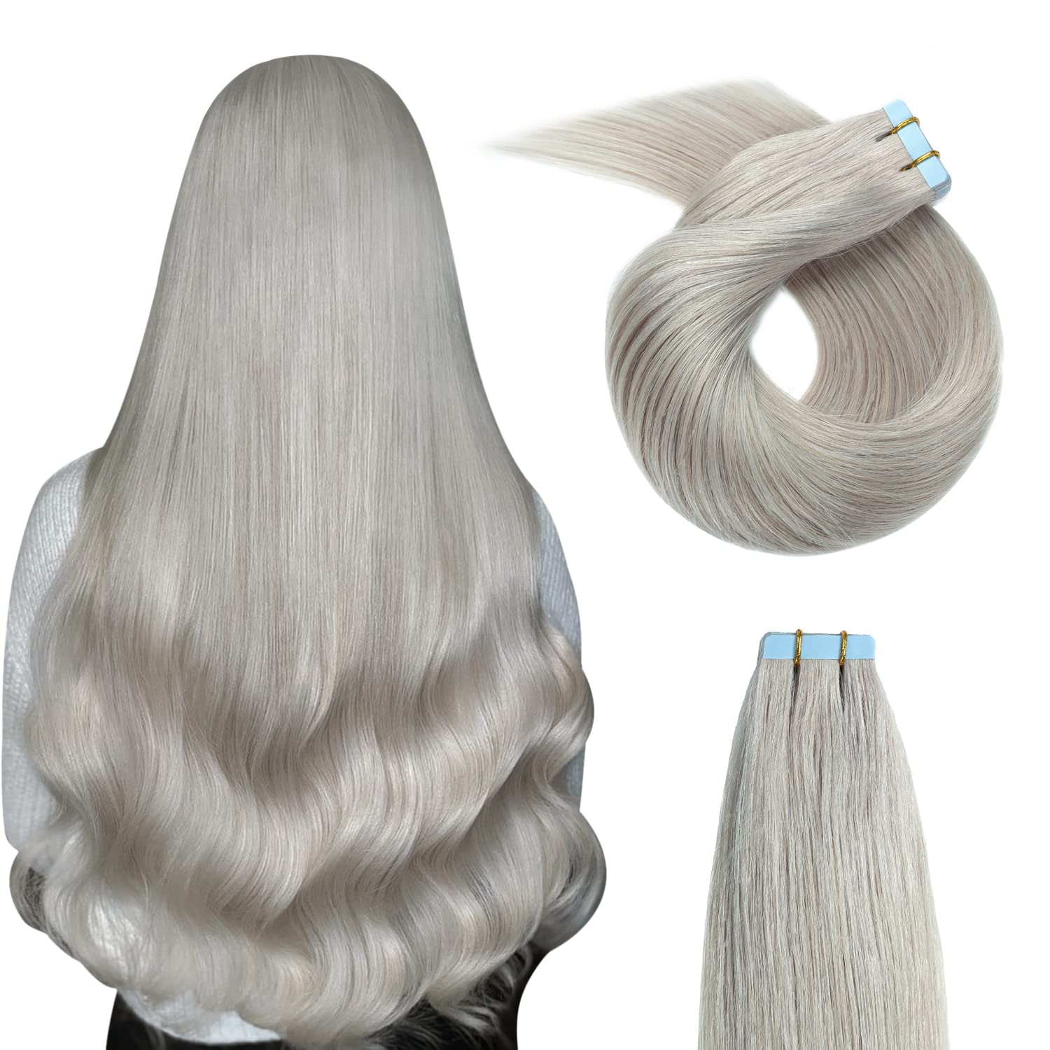 Yilite 20Pieces/Pack Fashion Silver Tape In Hair Extensions Human Hair,12Inch 40G Silver Tape In Human Hair Extensions,Seamless