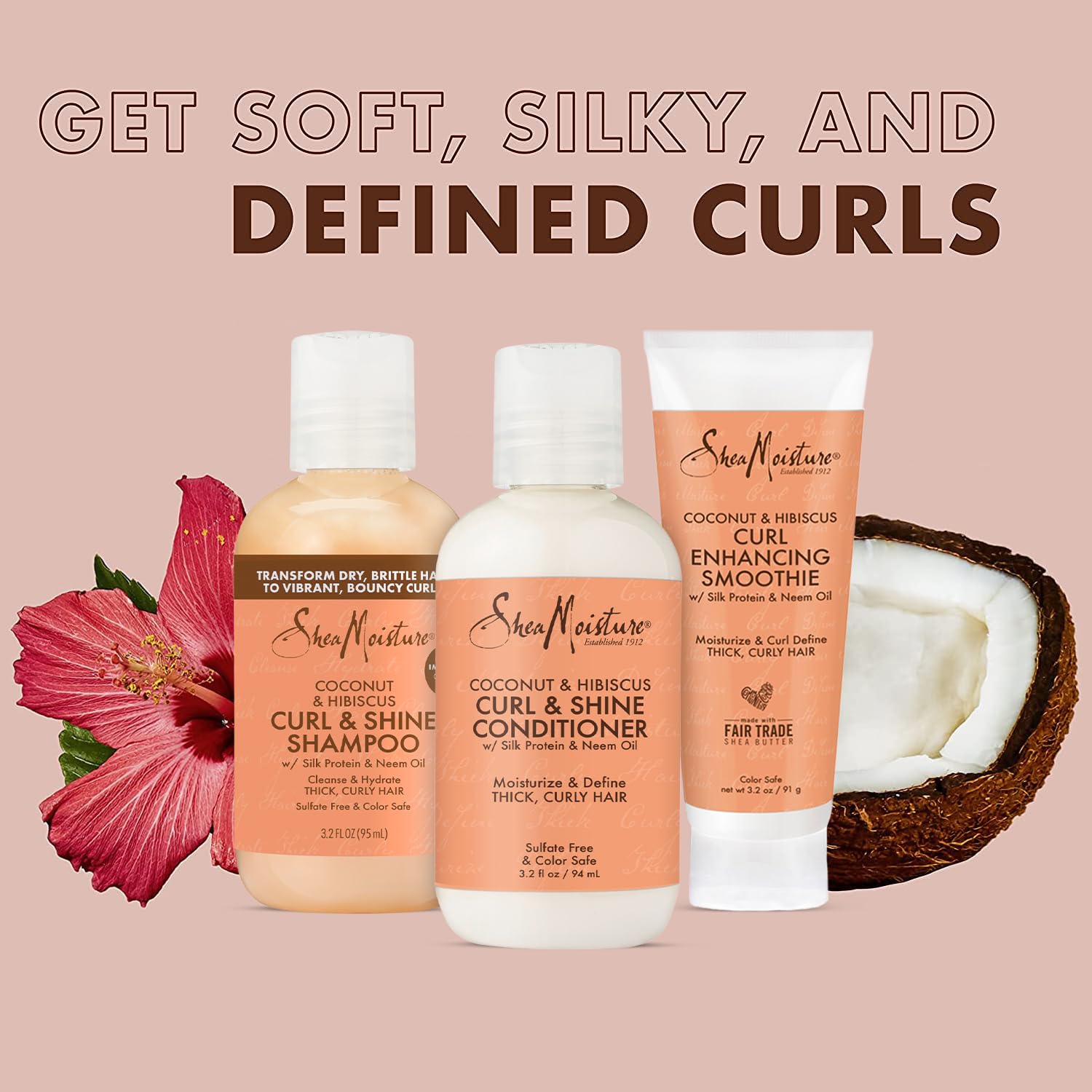 SheaMoisture Curl & Shine Shampoo, Conditioner & Curl Enhancing Smoothie, Travel-Size -  Coconut & Hibiscus Curly Hair Products
