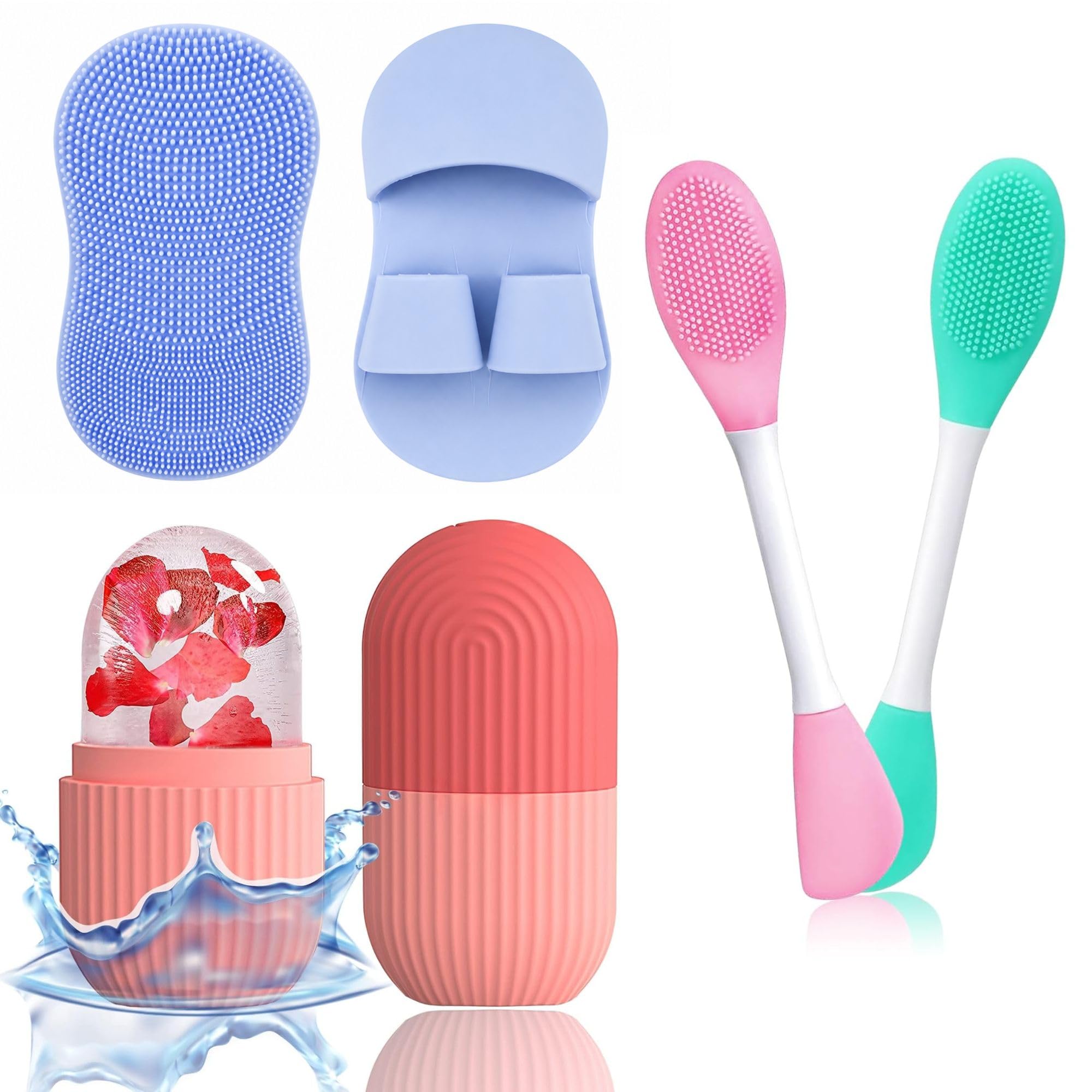 Tryv 3 Pcs Silicone Face Scrubber & Ice Roller Combo Set For Skin Care, Facial Cleansing Brush With Exfoliating Pad, Face Mask A
