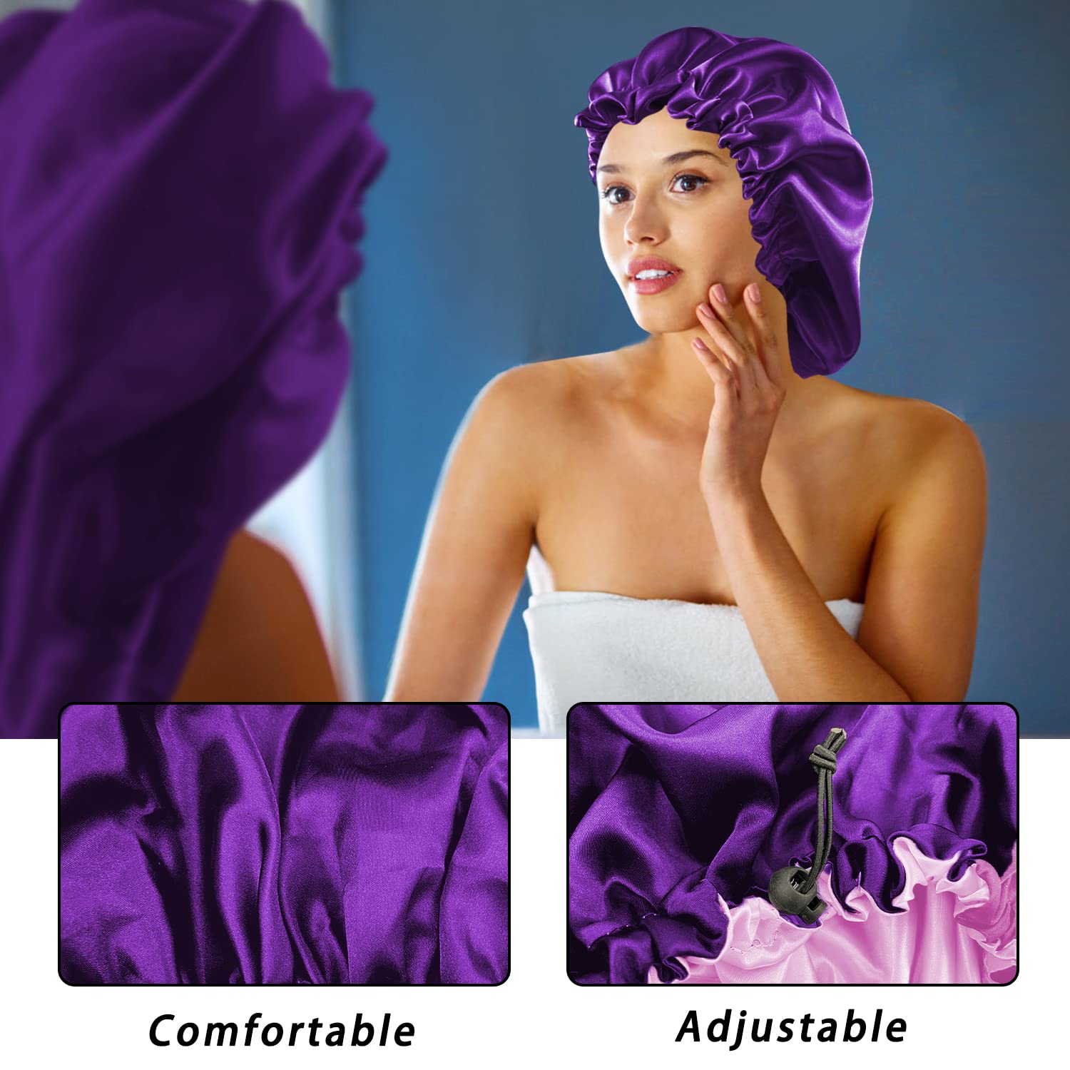 Satin Bonnet Silk Bonnet For Curly Hair Bonnet Braid Bonnet For Sleeping Bonnets For Women Large Double-Layer Adjustable Purple