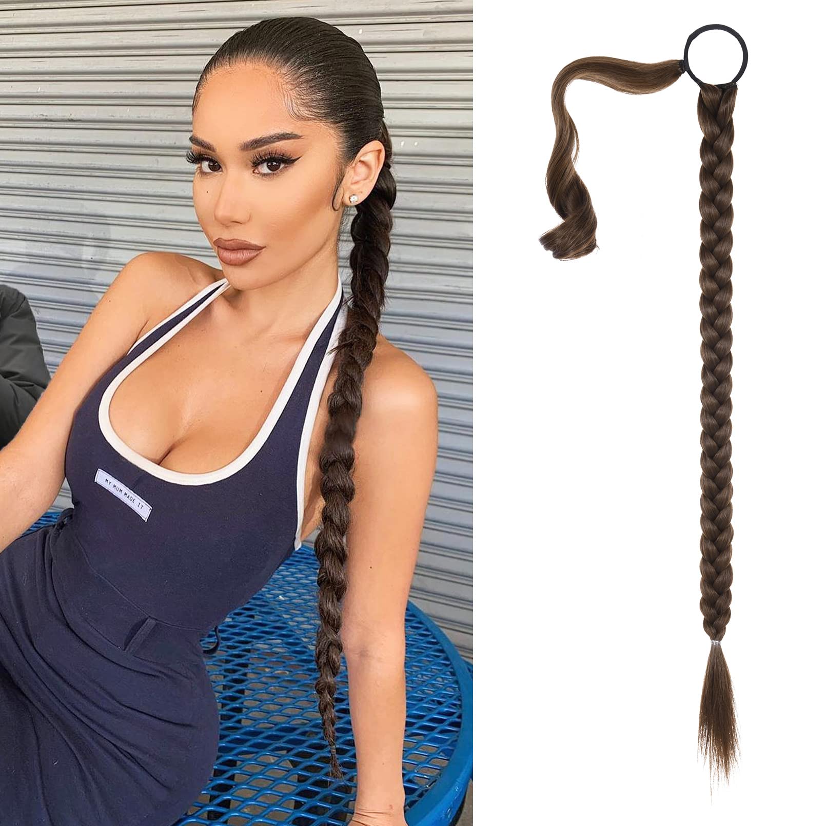 SEIKEA Upgraded Long Braid Ponytail Extension with Elastic Tie Straight Sleek Wrap Around Braid Hair Extensions Ponytail Chestnu