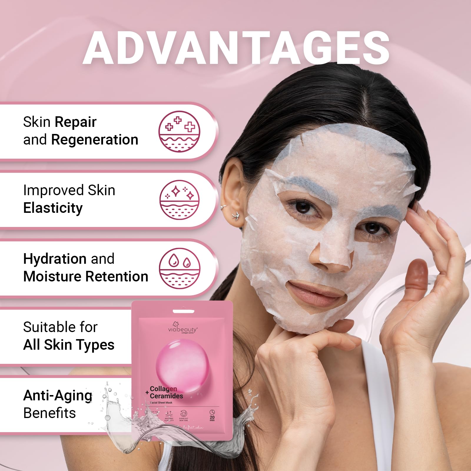 Viabeauty 12 Pack Of Collagen Face Mask With Ceramides - Rejuvenating Facial Sheet Mask, Reduce Wrinkles & Fine Lines - Face Mas