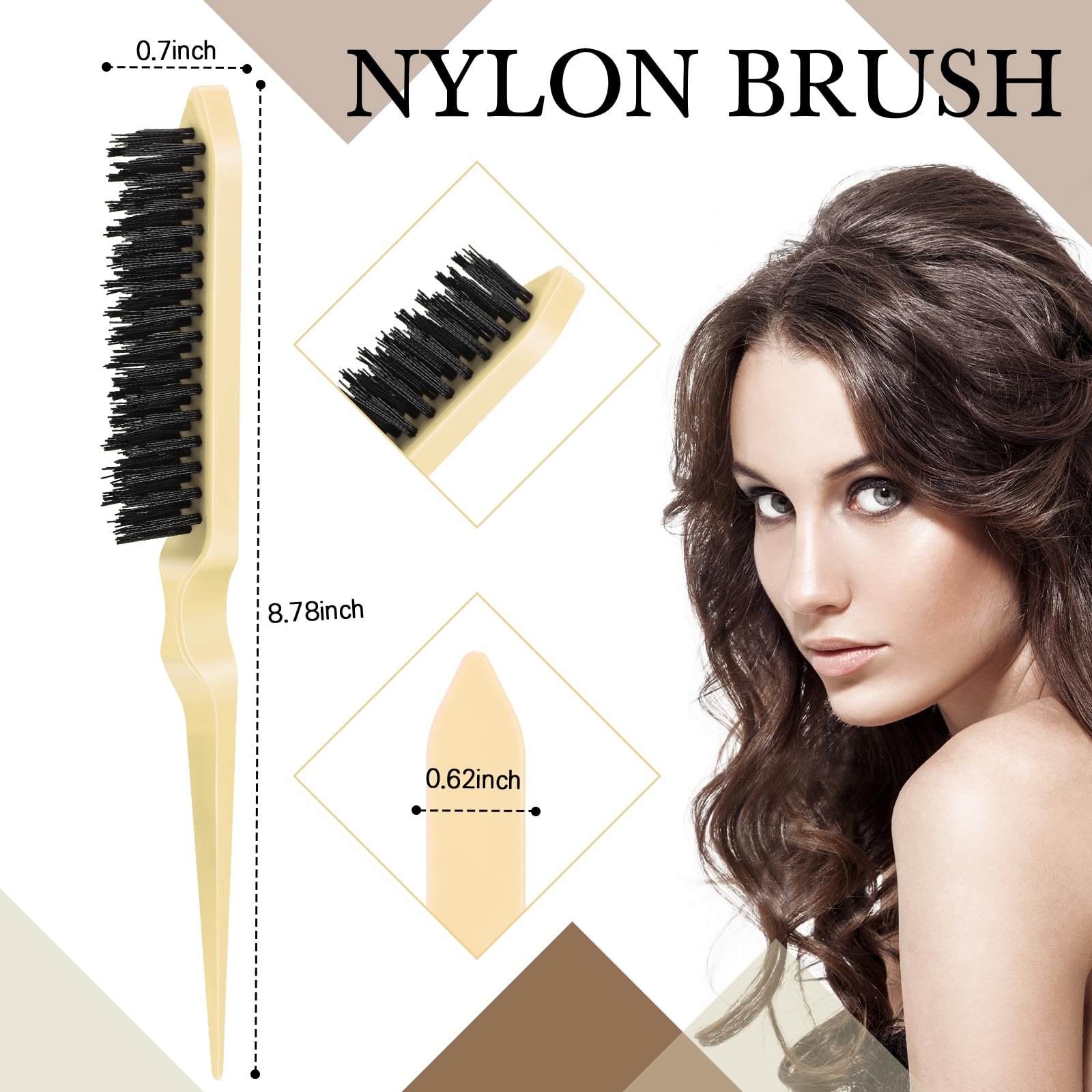 Geiserailie 3 Pcs Slick Back Hair Brush Set Bristle Brush Edge Control Teasing Comb For Women Black Hair(Beige)