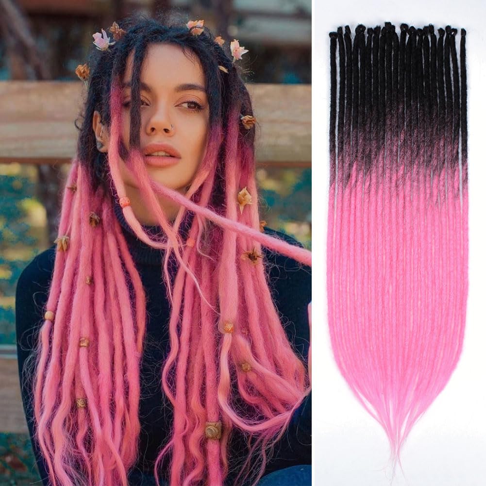 Kraler 24 inch 40 Strands Thick Dreadlock Extensions, SE Ombre Pink Crochet Dreadls Extensions of Synthetic Hair 1cm Width Hip H