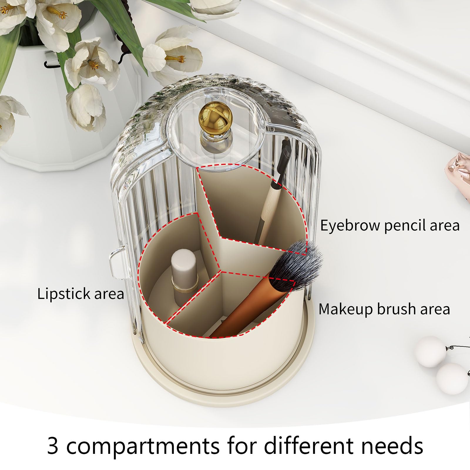 Emljkvp Makeup Brush Holder With Dustproof Cover 360 Rotating Makeup Brush Organizer For Vanity Bathroom, White/Beige