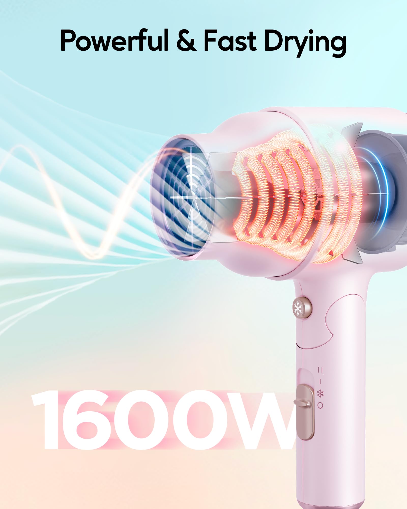 Wavytalk Hair Dryer With Diffuser, Mini Blow Dryer With Folding Handle, 1600W Quiet Lightweight Hairdryer With Diffuser Attachme