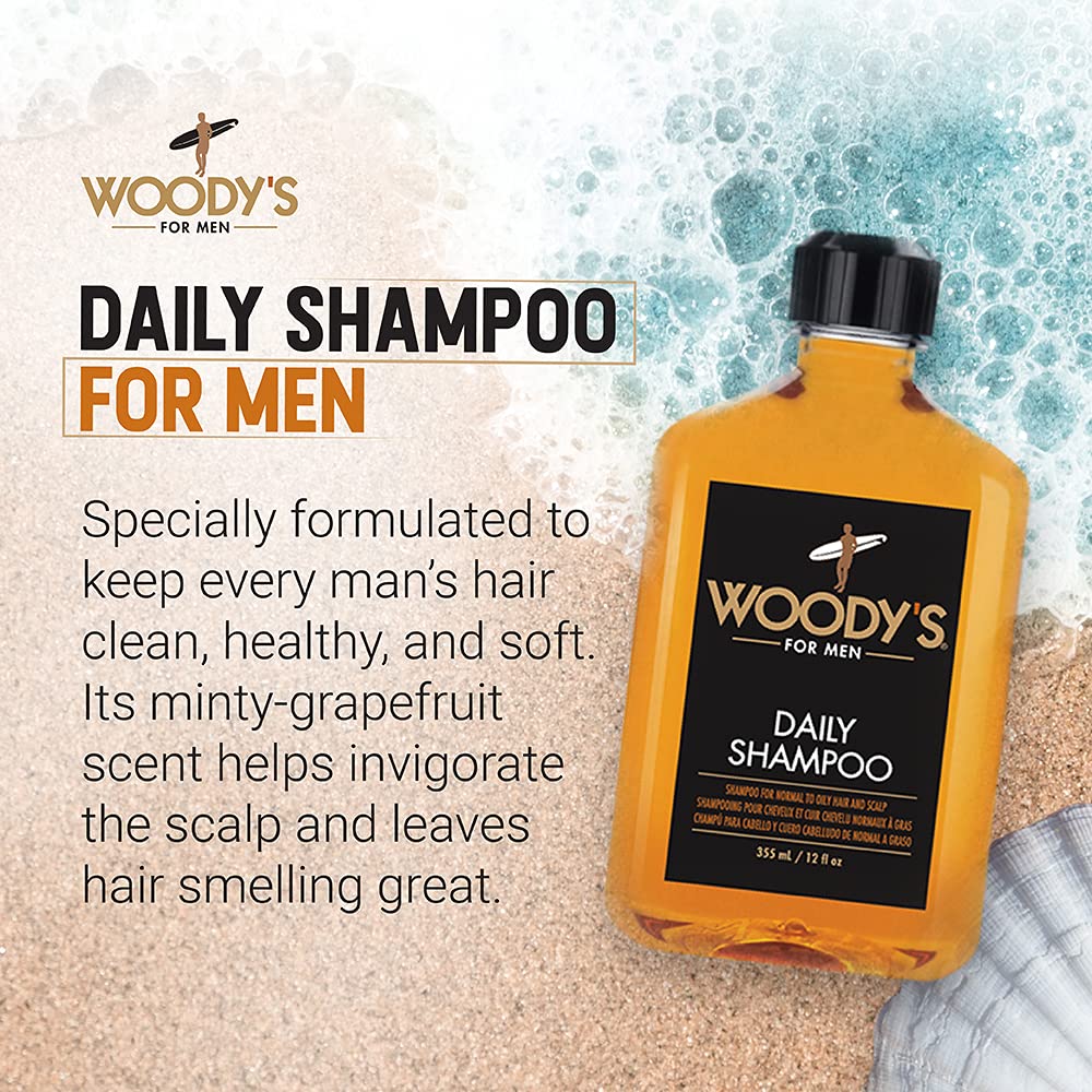 Woody'S Daily Shampoo For Men - Natural Vitamin Enriched Cleanser, Moisturizing Shampoo For Thicker, Stronger Hair, 12 Oz (Pack