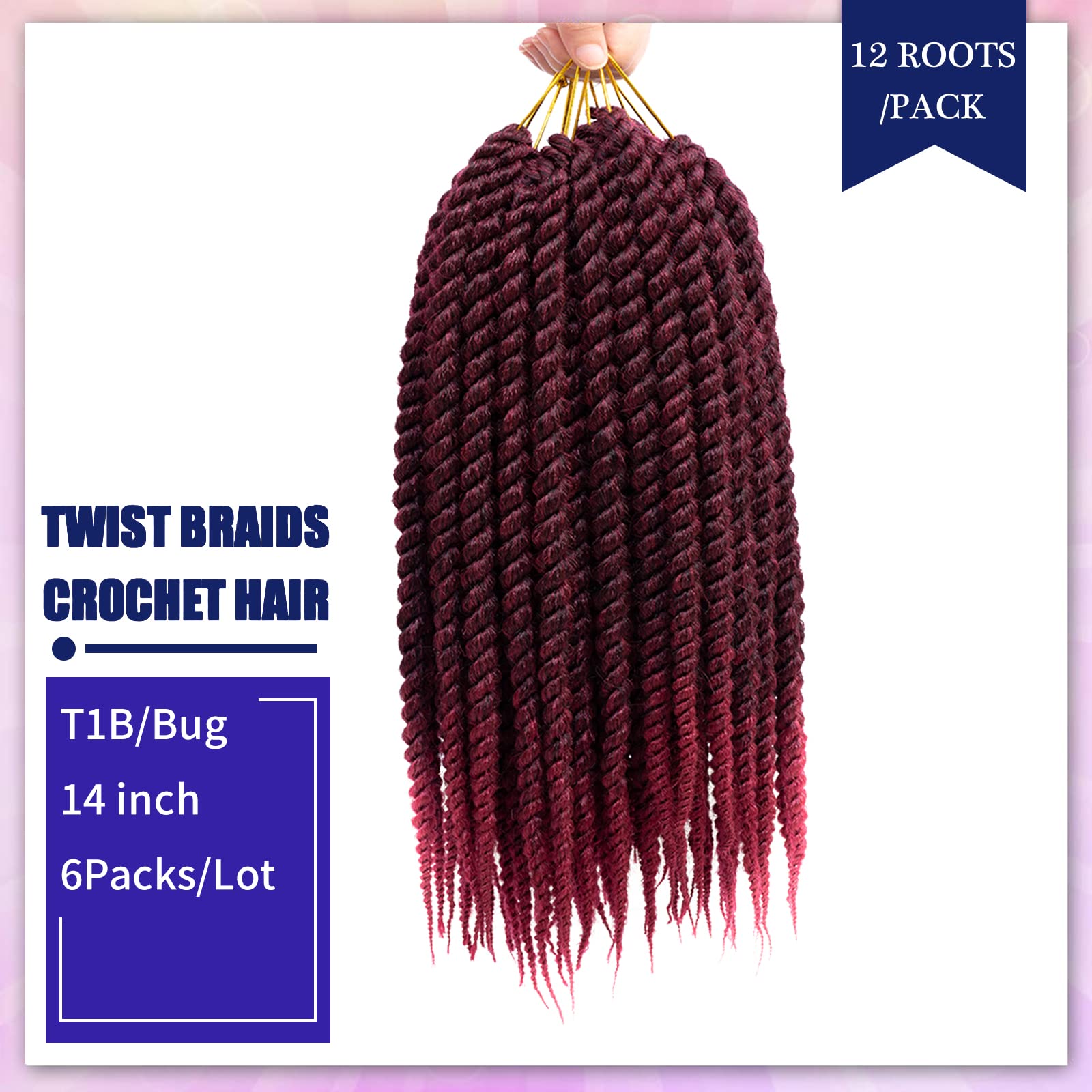 Havana Twist Crochet Hair 6 Packs 14 Inch Crochet Braids Senegalese Twist Crochet Hair Jumbo Havana Twist Crochet Braids(T1B/Bug