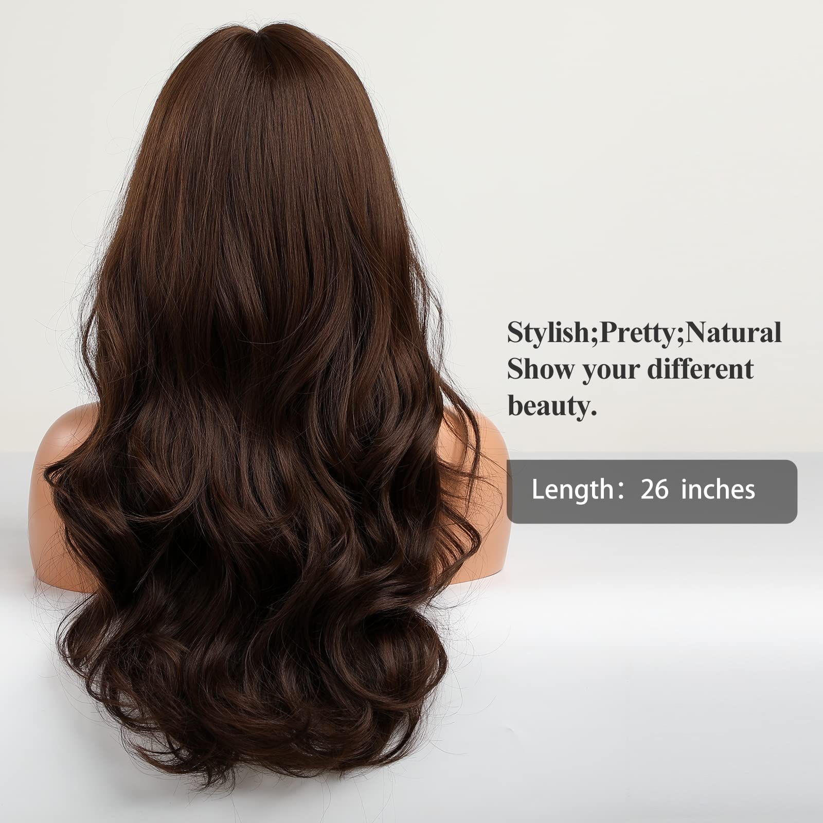 HAIRCUBE Long Brown Wig with Bangs Wave Curly Wigs for Women 26 inch Heat Resistant Natural Synthetic Wig for Daily Use