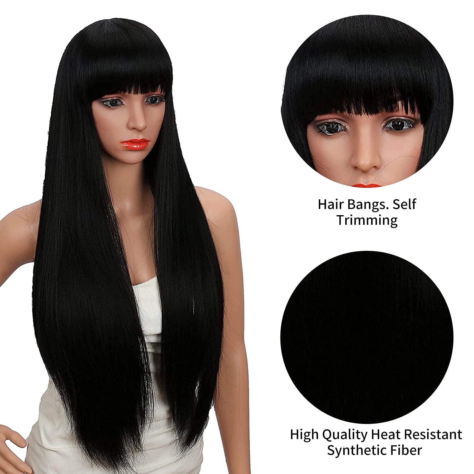 Kalyss 28 Inches Women'S Silky Long Straight Black Wig Heat Resistant Synthetic Wig With Bangs Hair Wig For Women