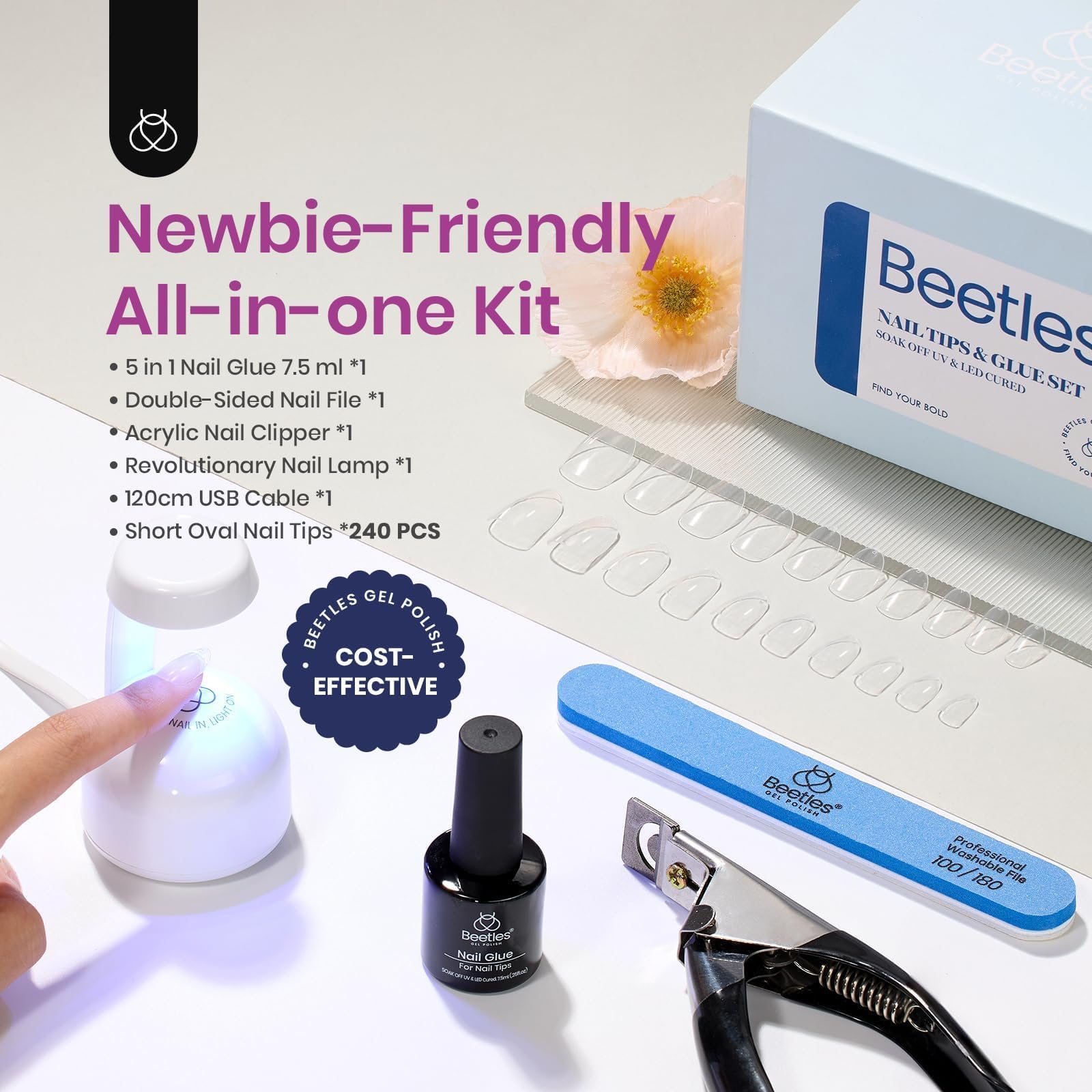 Beetles Gel Nail Kit - 2 in 1 Nail Glue Gel & Base Coat, Pre-shaped Clear Short Oval Almond Nails, LED Nail Lamp, Large Size