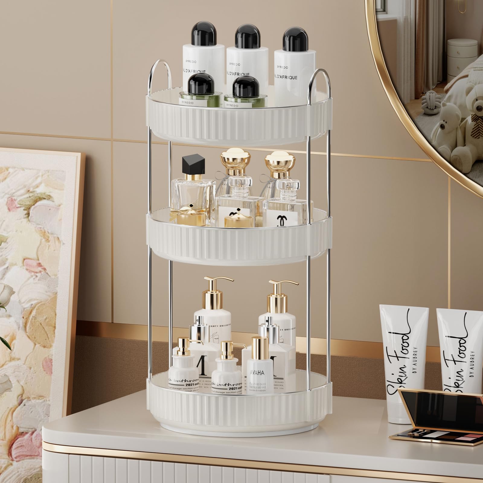 shuang qing Rotating Makeup Organizer for Vanity 3 Tier, High-Capacity Skincare Clear Make Up Storage Perfume Organizers Cosmeti