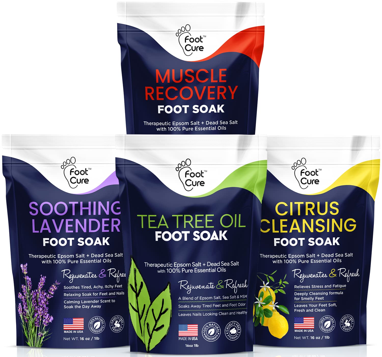 Foot Soak with Epsom Salts- Variety Pack of 4- Tea Tree Oil, Muscle Relief, Calming Lavender & Citrus Soak- for Foot Pain, Soren