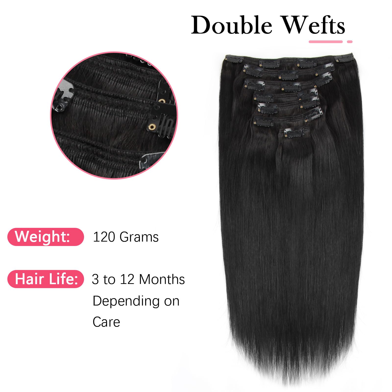 Sassina Straight Clip In Human Hair Extensions With Natural Black Hair Color Silky Straight Double Wefts Remy Real Hair Extensio
