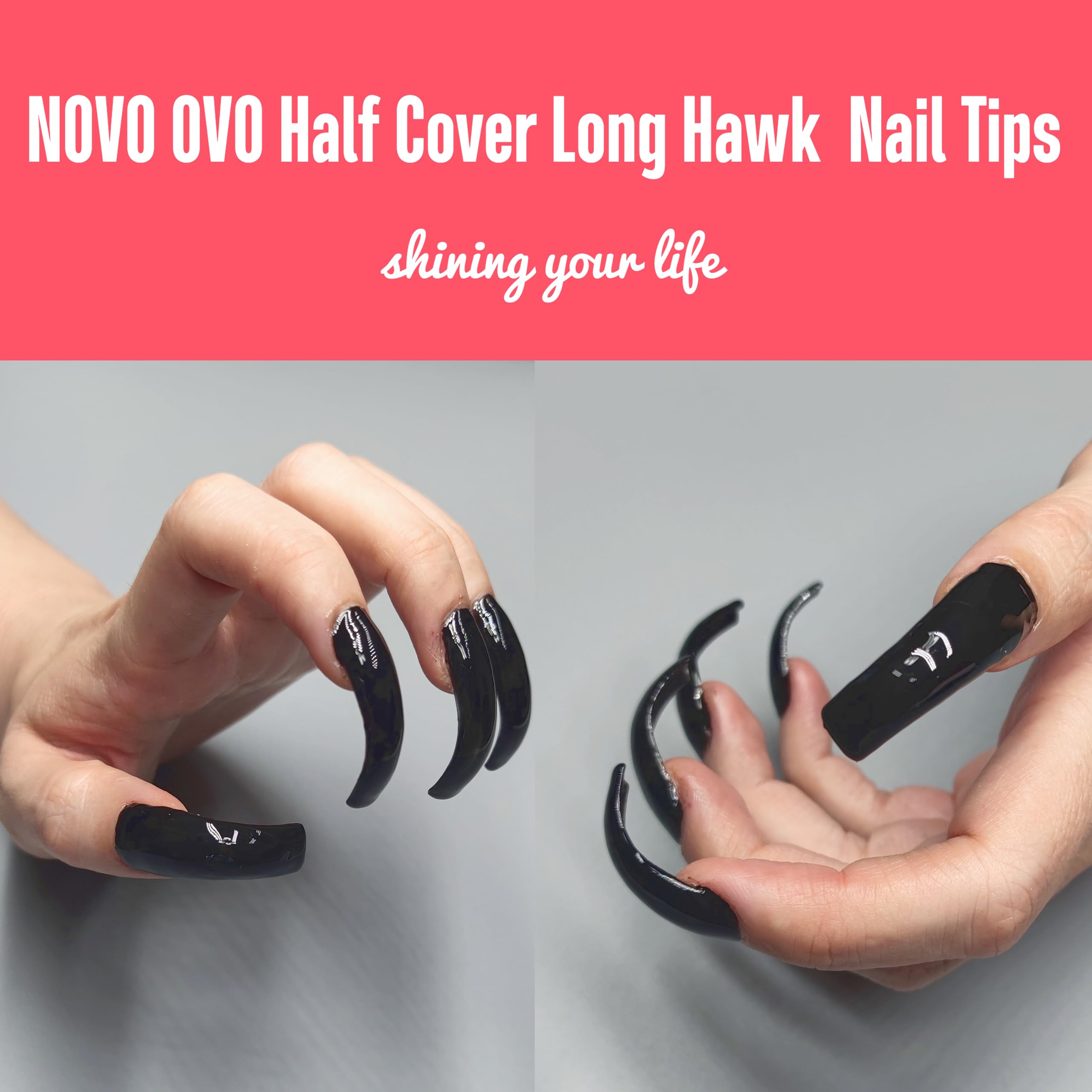 NOVO OVO 500 pcs Hawk Curved Trasnparent Extra Super Extreme Deep Curve Half Cover Long Square Tapered Eagle Claw False Nail Ext