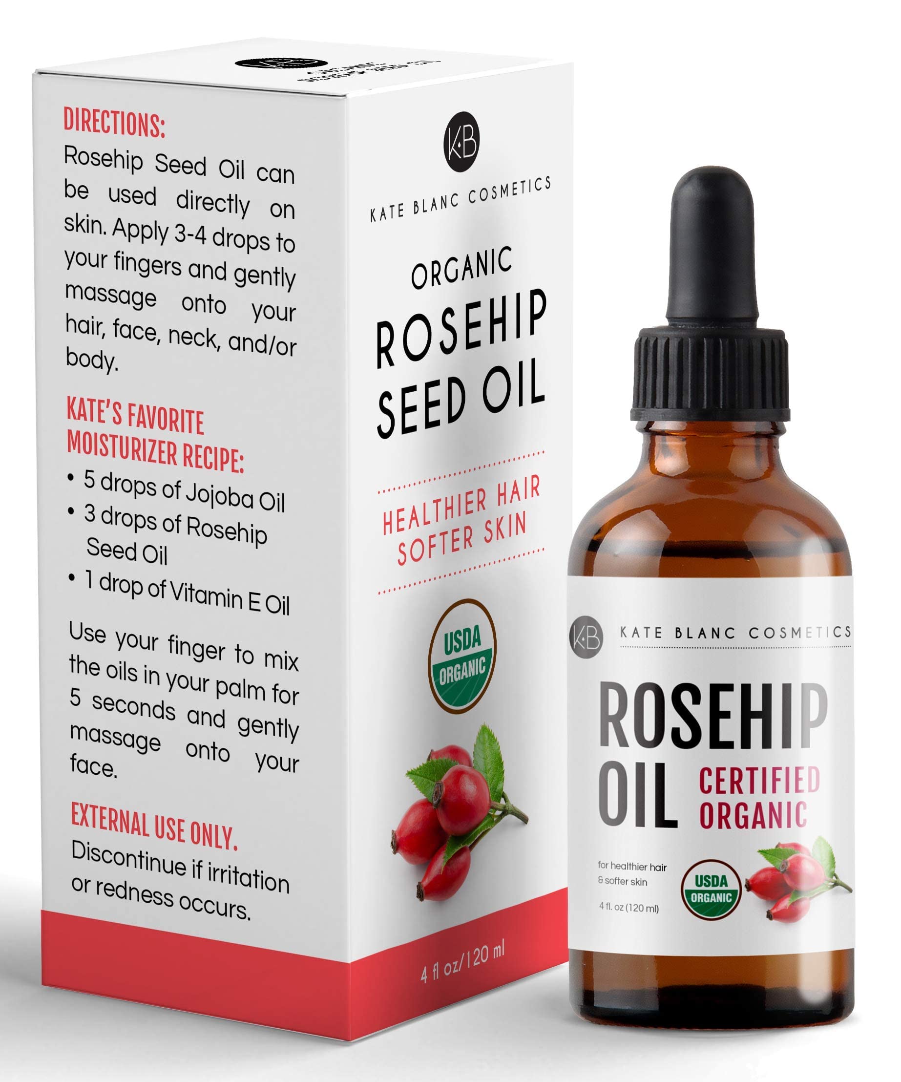 Kate Blanc Cosmetics Rosehip Oil For Face & Skin. Rosehip Seed Face Oil For Facial & Gua Sha Massage (4Oz, Organic, Pure, Cold P