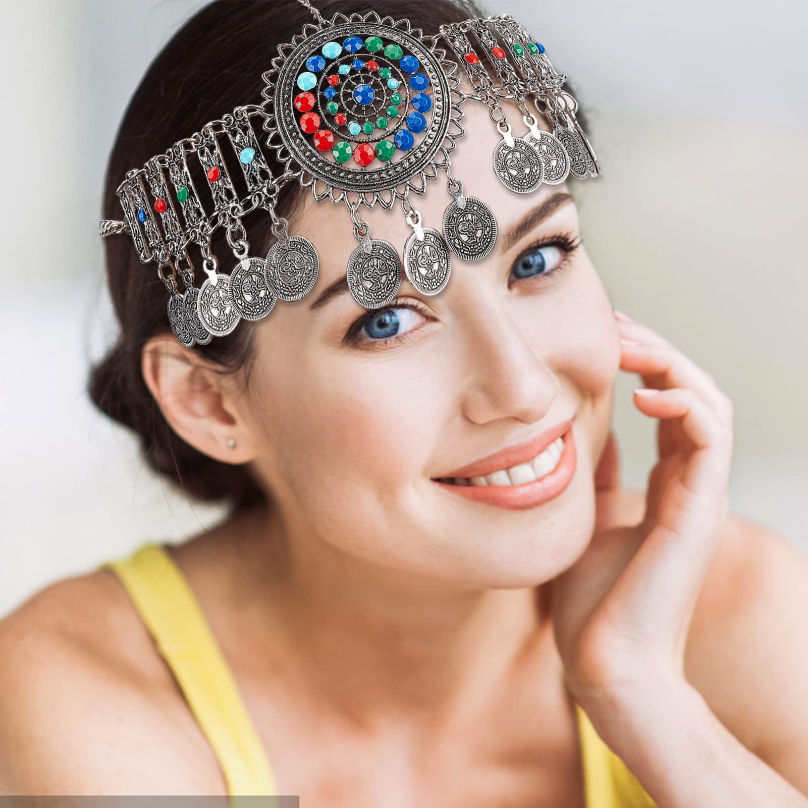 NICENEEDED Boho Head Chain Jewelry Silver, Vintage Belly Dance Coin Headpiece, Flower Rhinestone Retro Prom Costume Forehead Cha