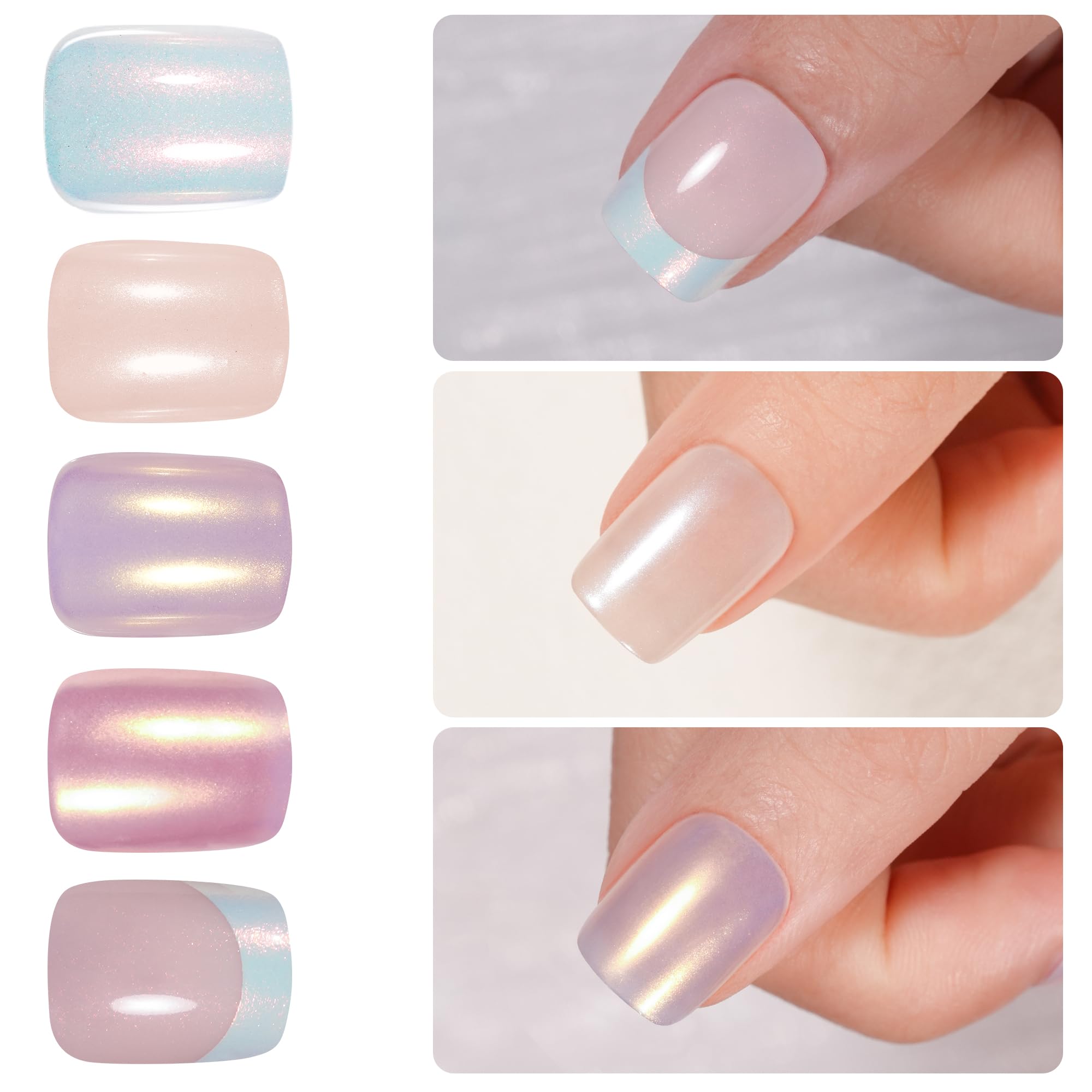 Jofay Fashion Press On Nails Short French Mermaid/Pearl/Aurora Chrome Nail Designs, Glossy Artificial Acrylic False Nails, Short