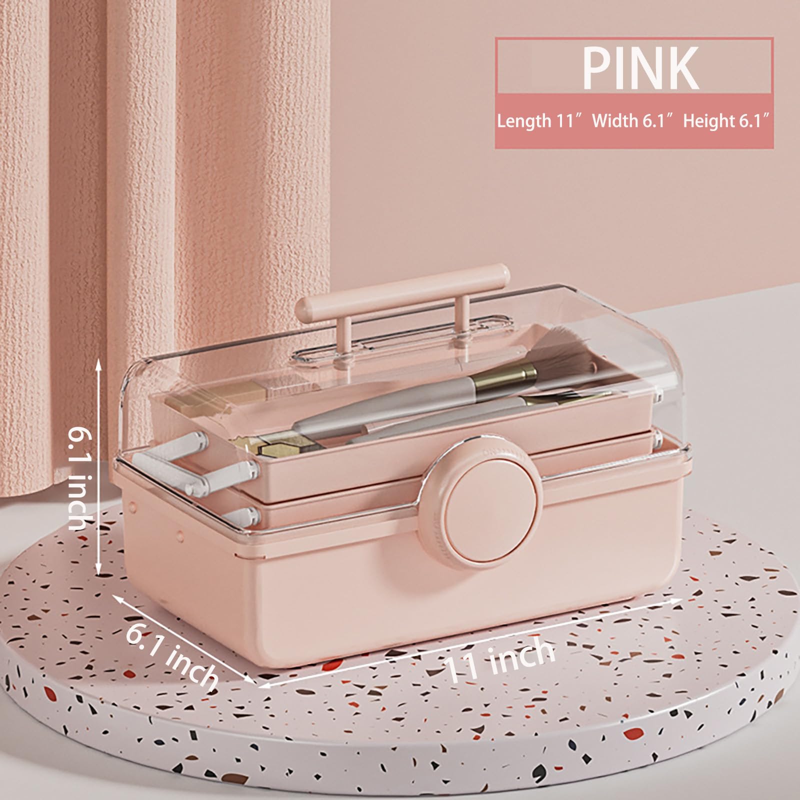 WMM Makeup Storage Organizer, Large Capacity Makeup Organizer with Transparent Visual Cover, Handle 3 Layers Portable Cosmetic S