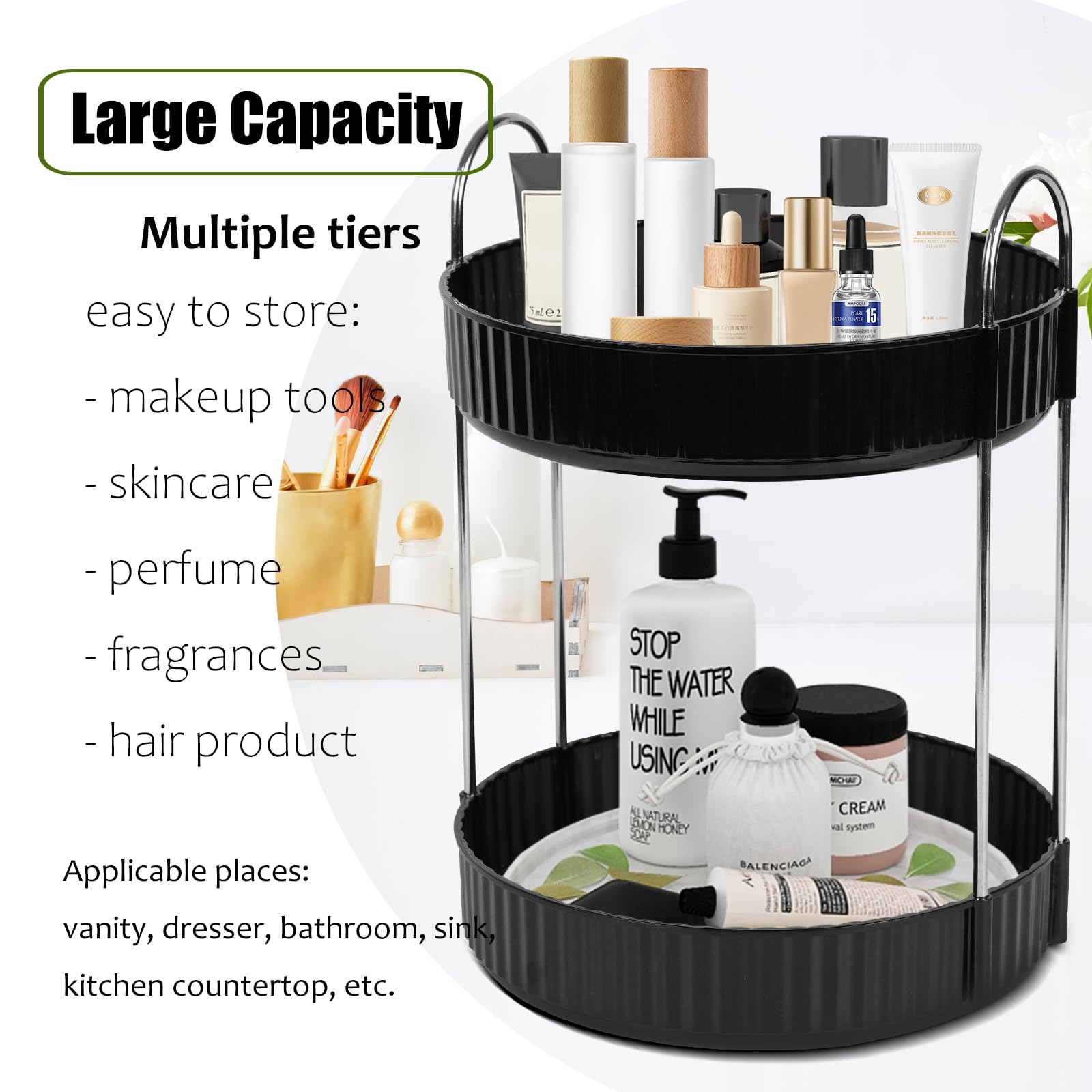 Zufudo Rotating Makeup Organizer Countertop 2 Tier Lazy Susan Trays Spinning Skincare Perfume Storage For Bathroom Counter Vanit