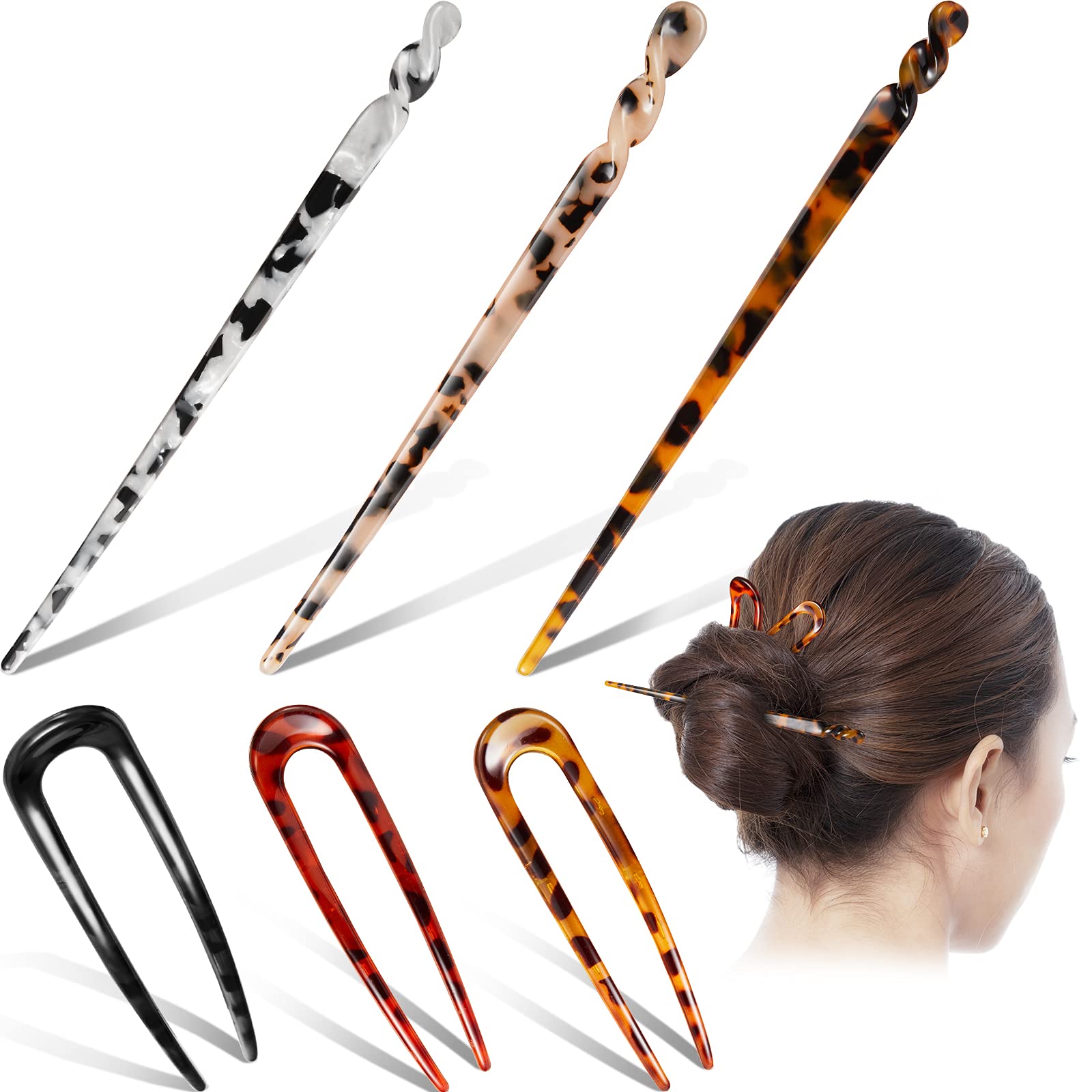 6 Pieces Hair Chopsticks for Women Acetate Hair Sticks Include Tortoise Acetate Hair Stick Leopard Hairpins U-shaped Hair Pin Vi